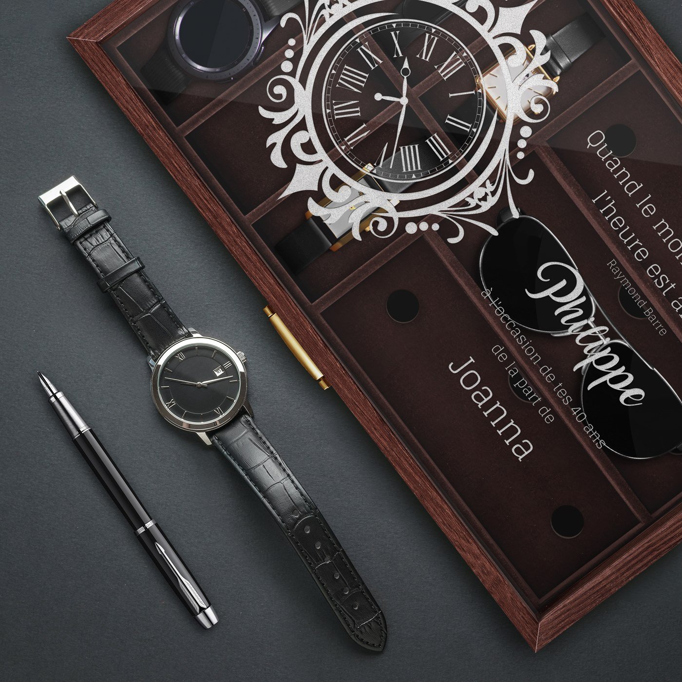 Caja personalizada para relojes y gafas de Murrano para el cumpleaños número 40 de un hombre