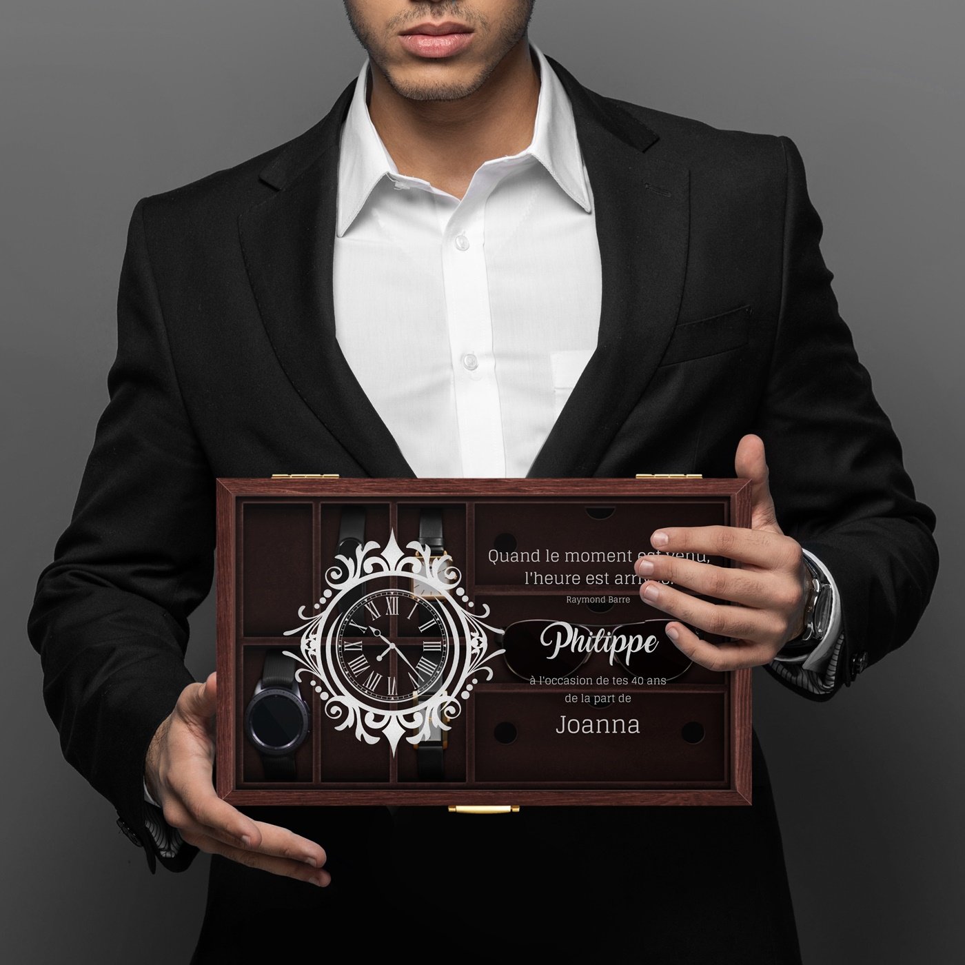 Caja personalizada para relojes y gafas de Murrano para el cumpleaños número 40 de un hombre