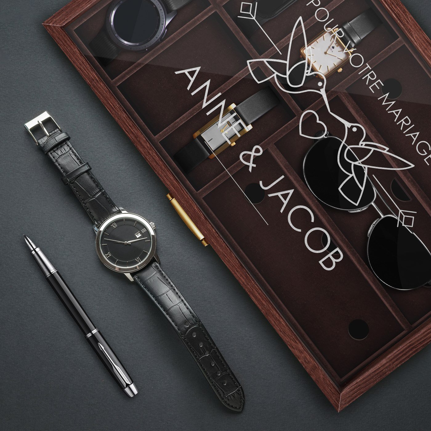 Caja personalizada Murrano para relojes y gafas para novios jóvenes