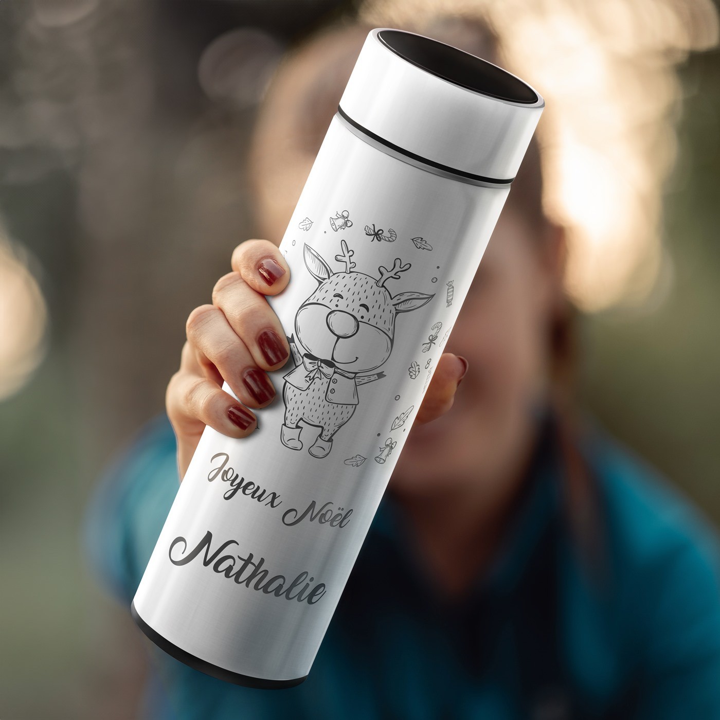 Botella térmica personalizada Murrano con exhibición LED para niñas, blanca