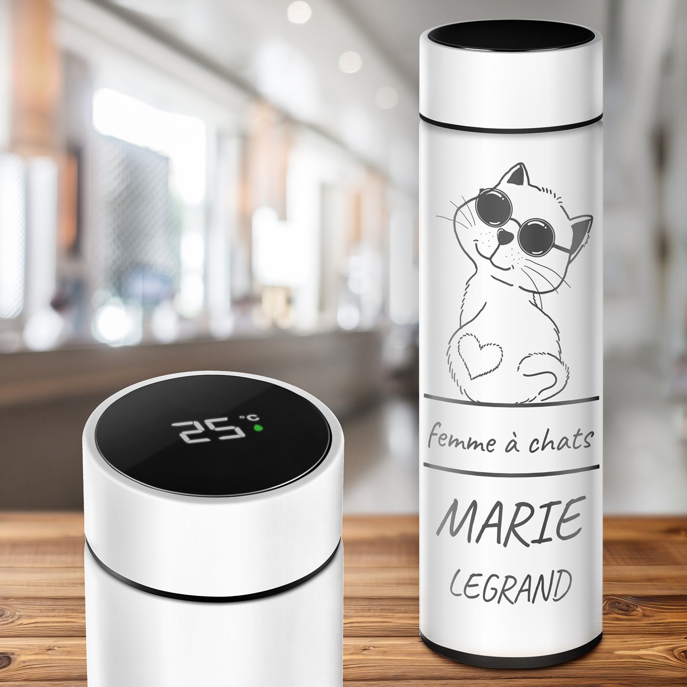Botella Aislante Blanca Murrano con Pantalla LED para Amante de Gatos