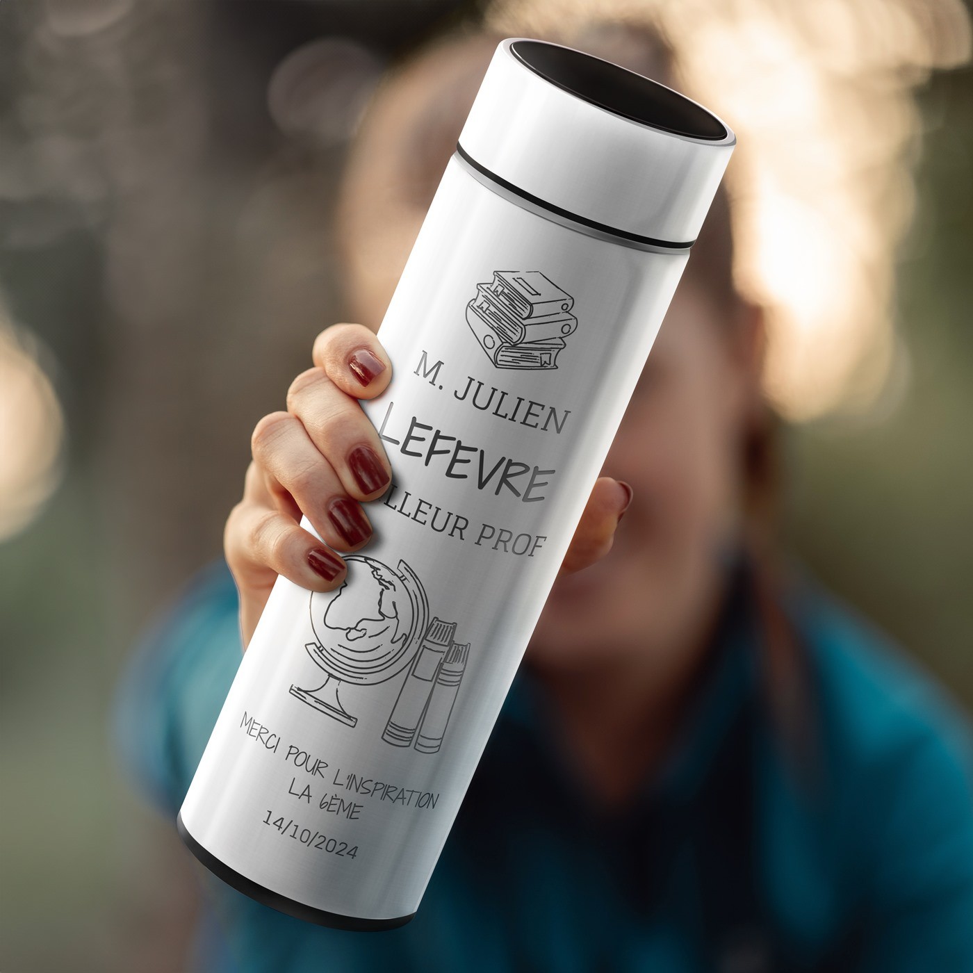 Botella térmica Murrano con pantalla LED - Blanca personalizada con grabado