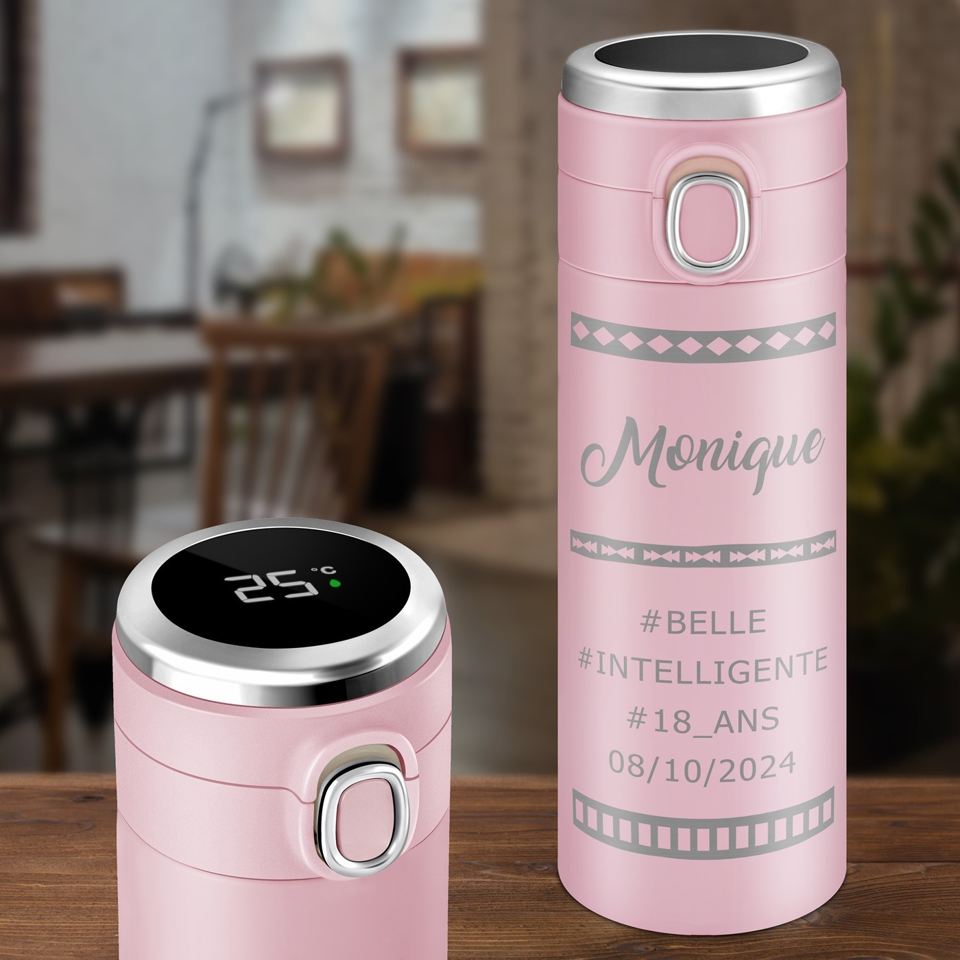 Taza de viaje Murrano - Pantalla LED, Grabado personalizado, Rosa