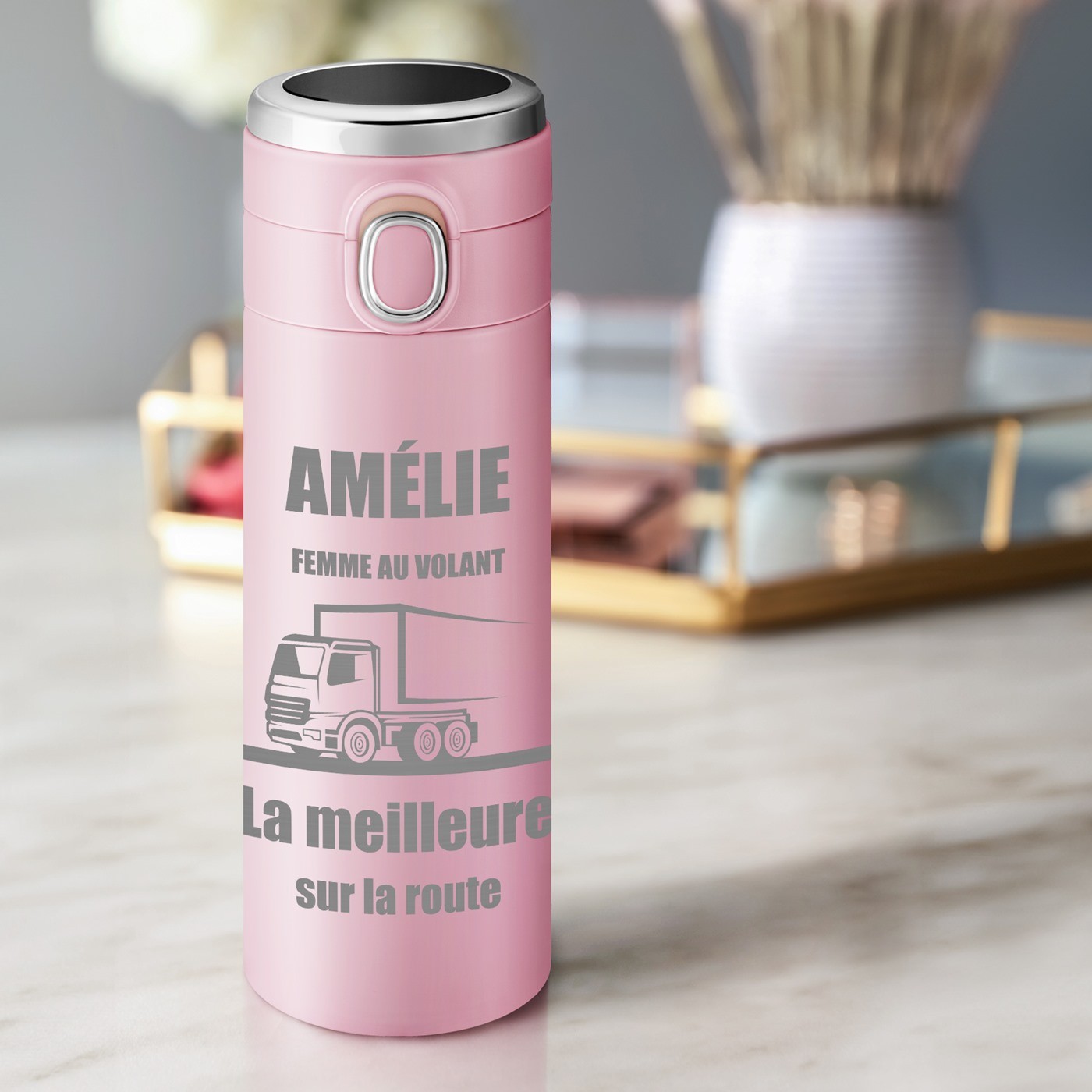 Mug de viaje personalizado Murrano con pantalla LED rosa