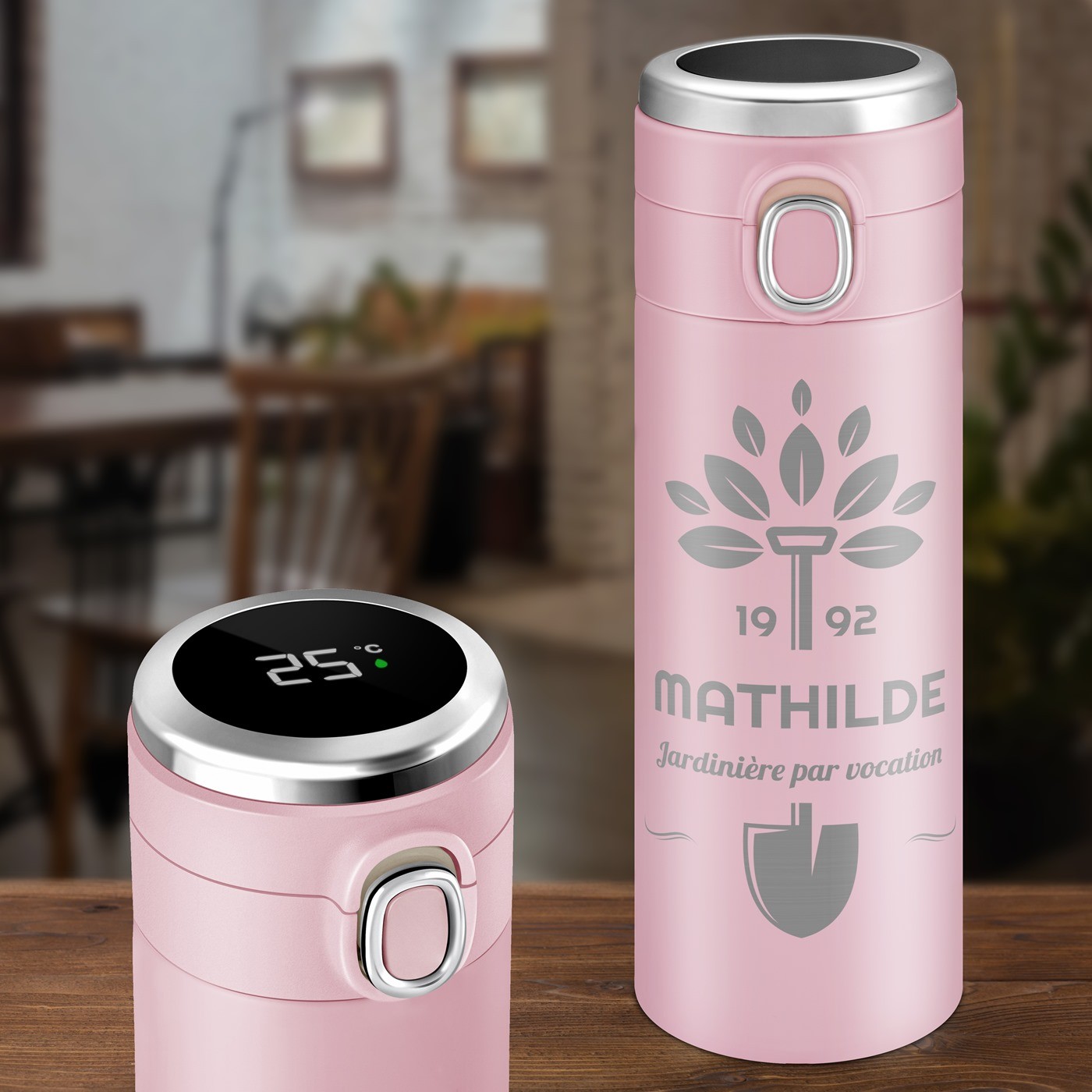Taza termo rosa Murrano con pantalla LED para la abuela