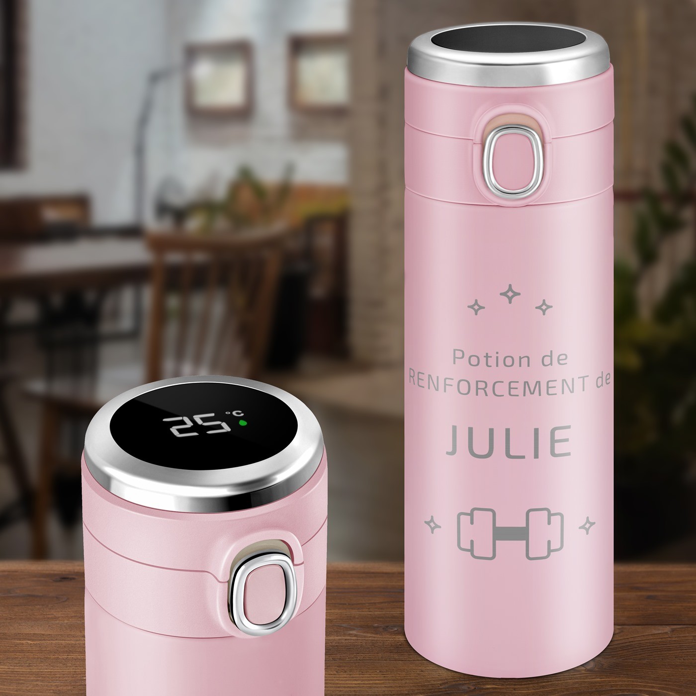 Termo personalizado con pantalla LED Murrano rosa para una deportista
