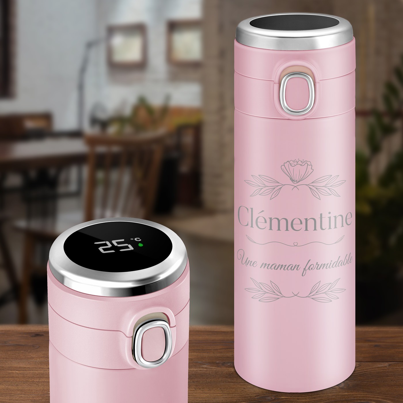 Mug thermos rose personnalisé avec affichage LED - Murrano