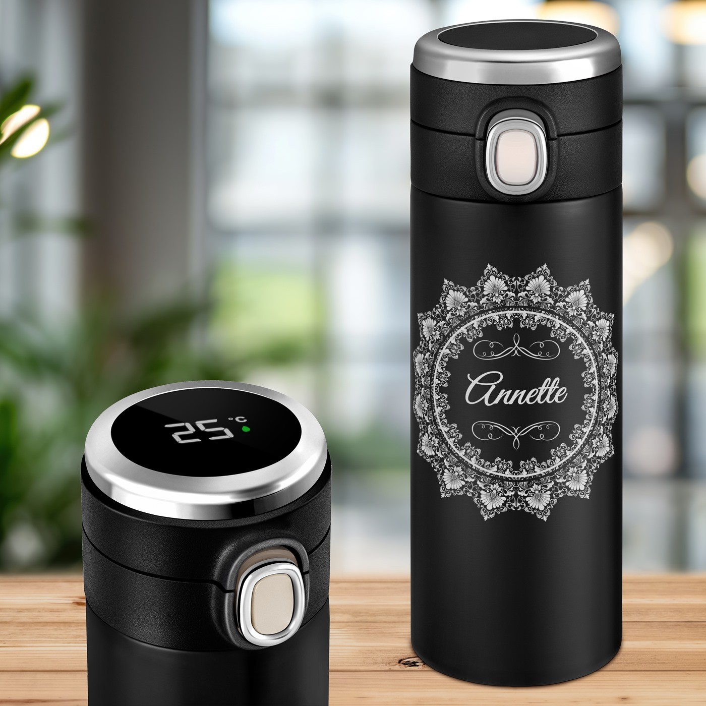 Murrano Black Thermos Mug with LED Display for Woman's Birthday