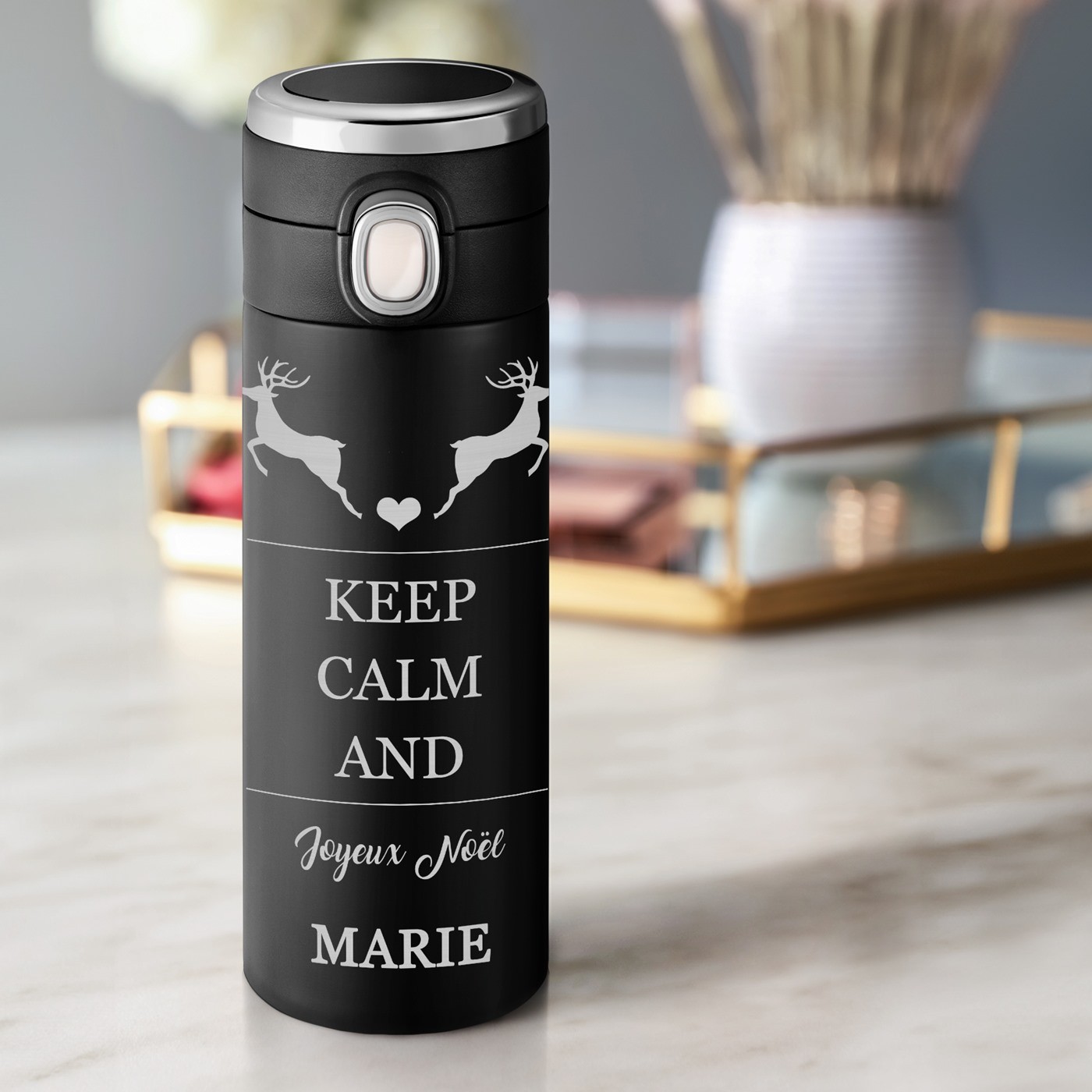 Taza de viaje negra personalizada Murrano con pantalla LED