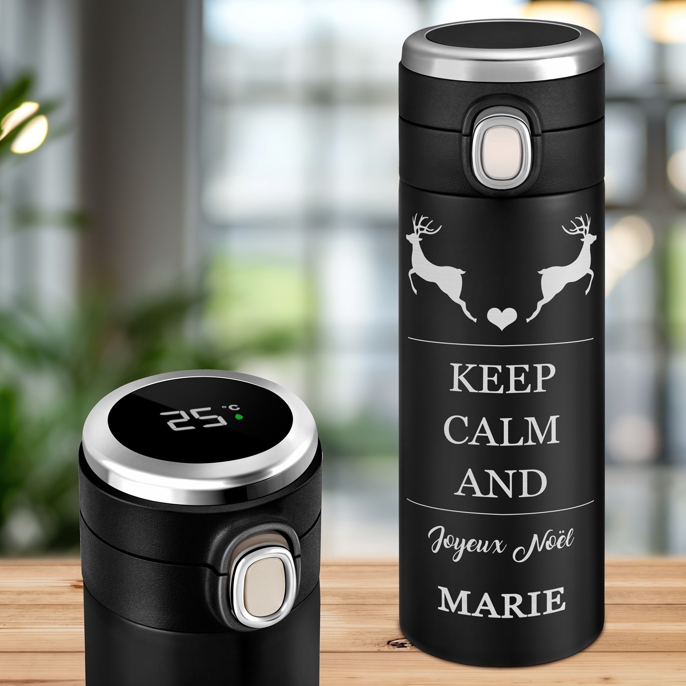 Taza de viaje negra personalizada Murrano con pantalla LED