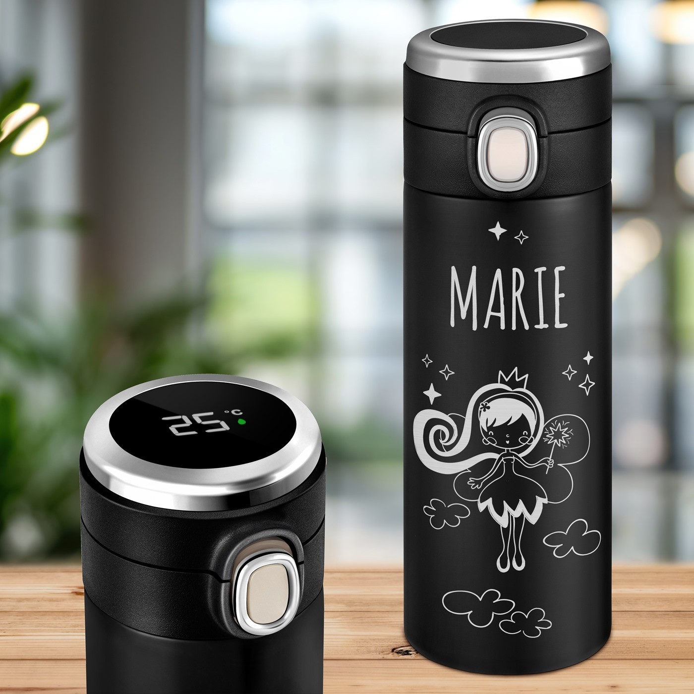 Taza térmica negra Murrano con pantalla LED para el cumpleaños de una niña