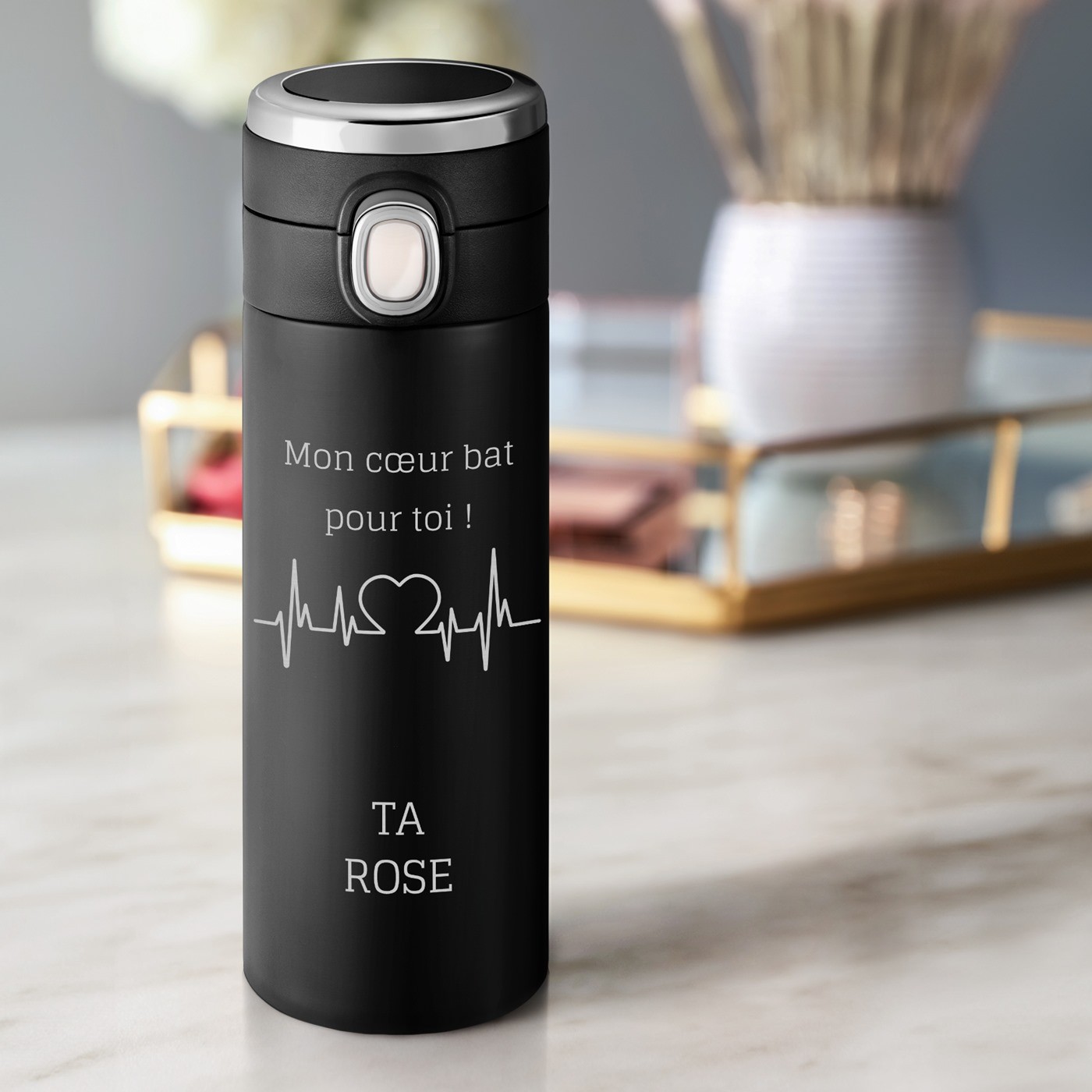 Murrano Black Insulated Cup with LED Display for Husband on Valentine's Day