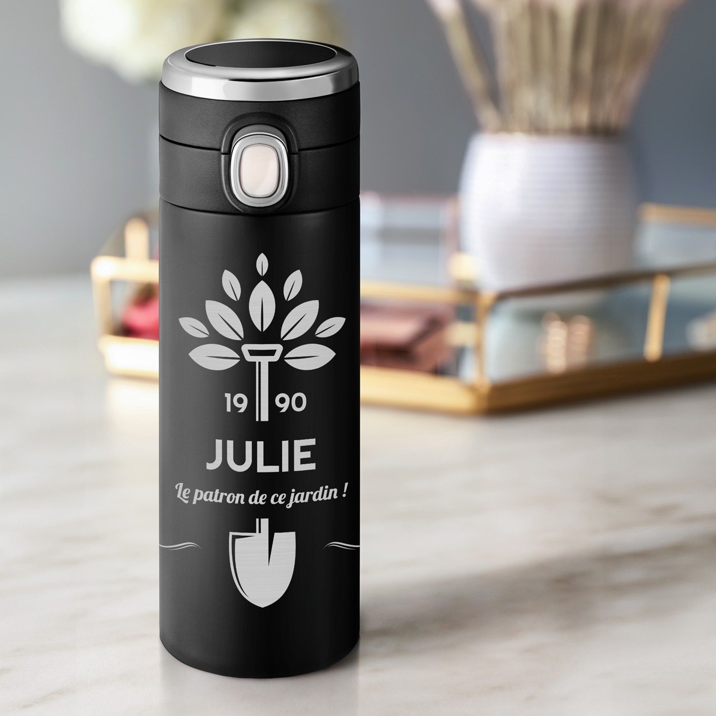 Murrano Personalized Black Thermos Mug with LED Display for Aunt's Birthday