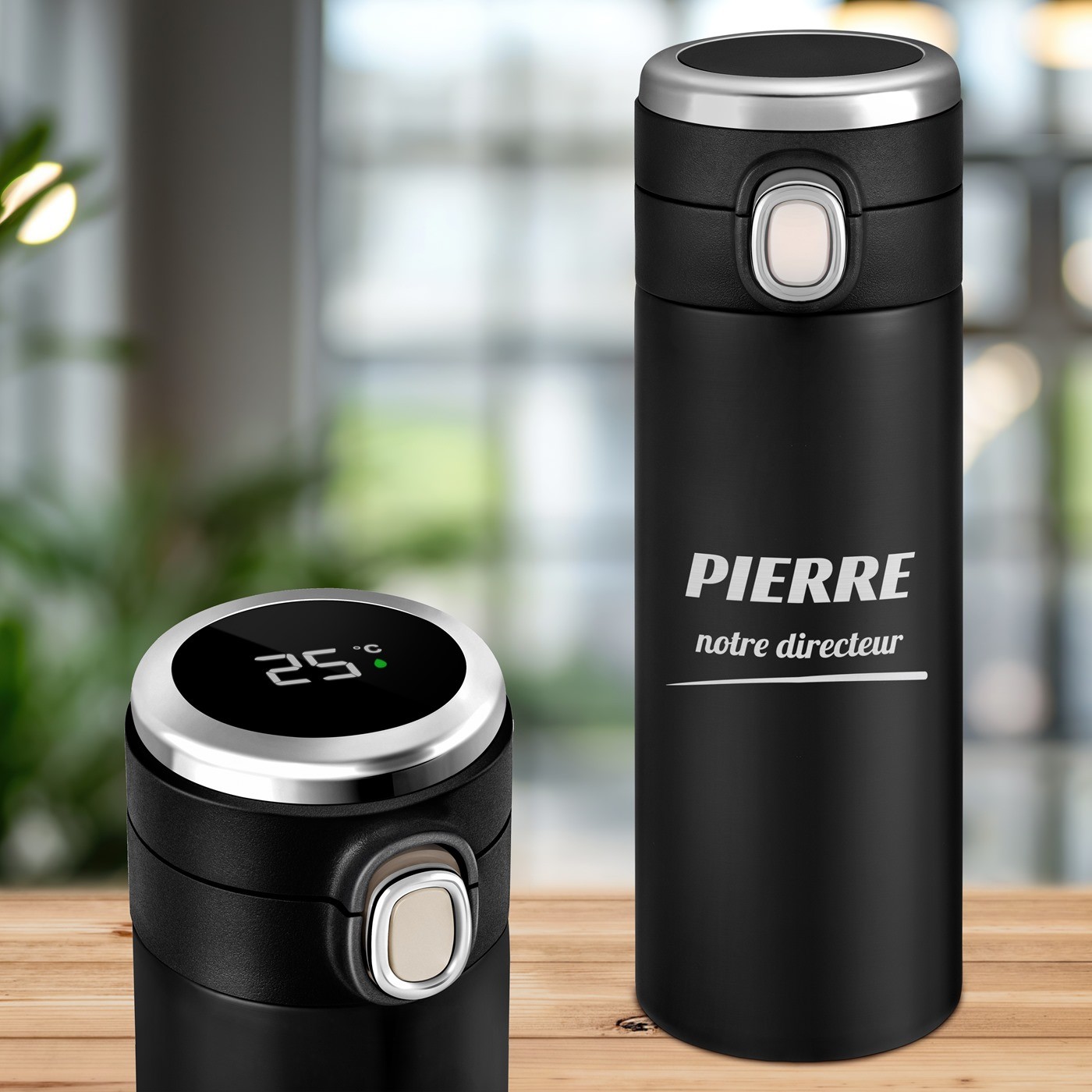 Taza termosa negra personalizada con exhibición LED de Murrano