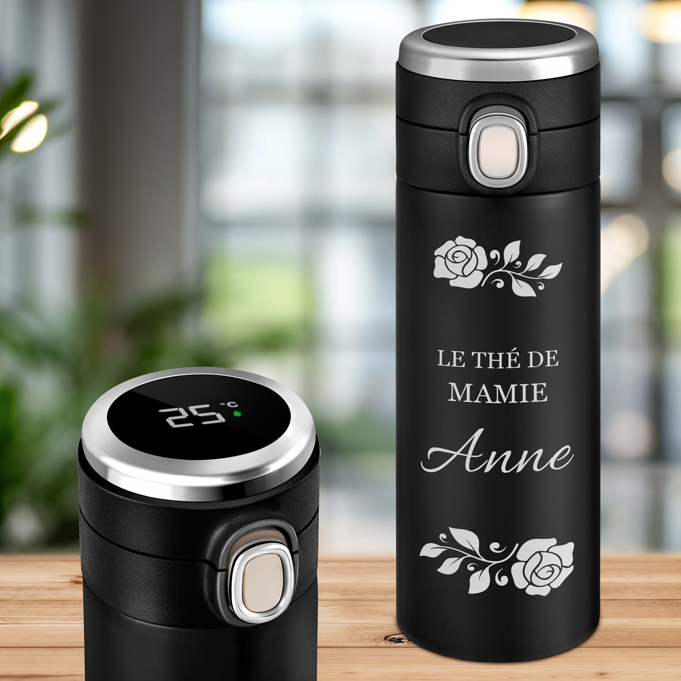 Taza térmica Murrano negra con pantalla LED para el cumpleaños de la abuela