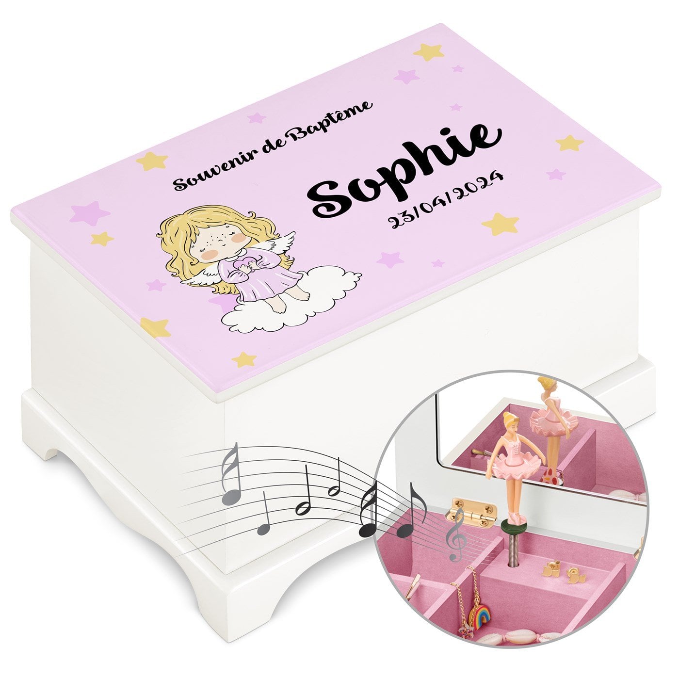 Caja de joyas musical personalizada Murrano para niñas pequeñas - Bautismo