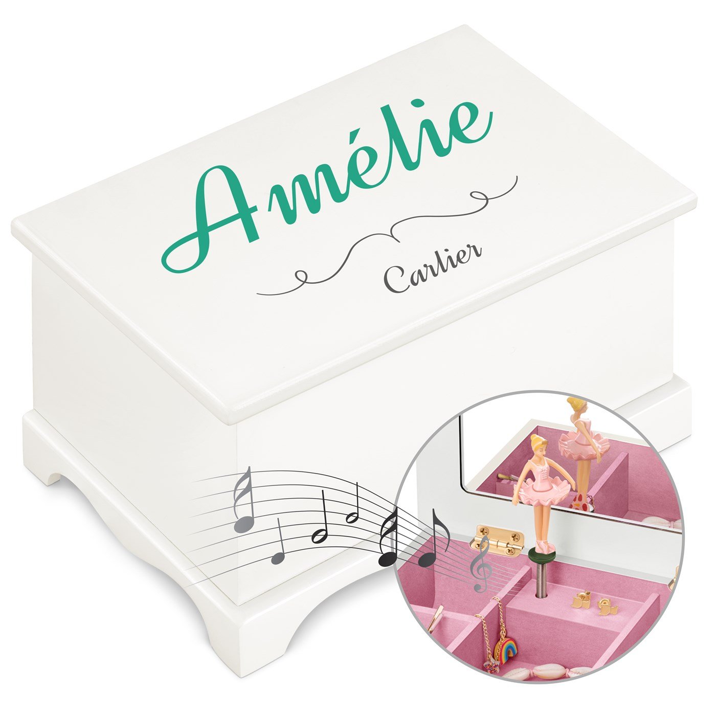 Caja de joyas musical personalizada de Murrano para el cumpleaños de una niña
