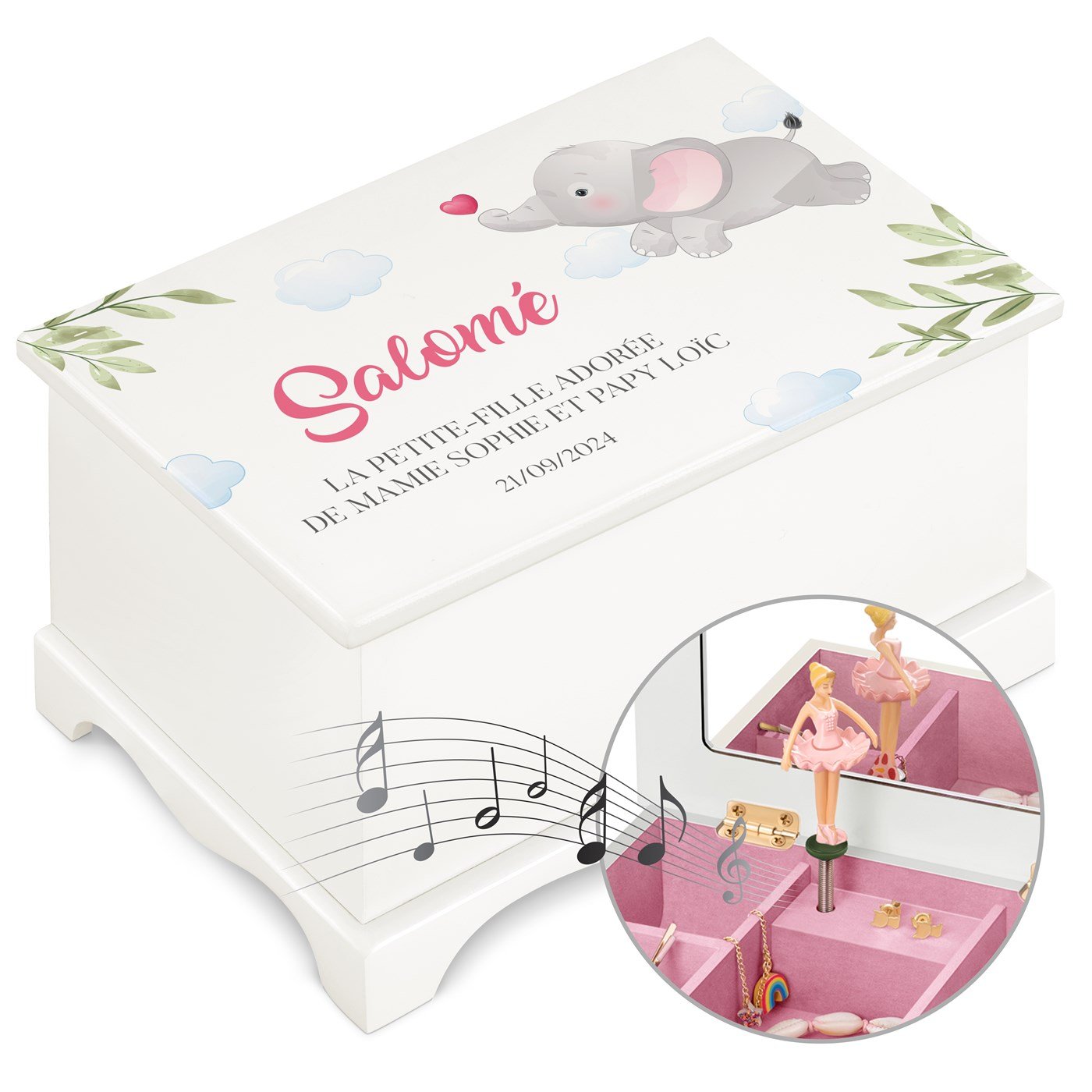 Caja de joyas musicala personalizada Murrano para el cumpleaños de su nieta