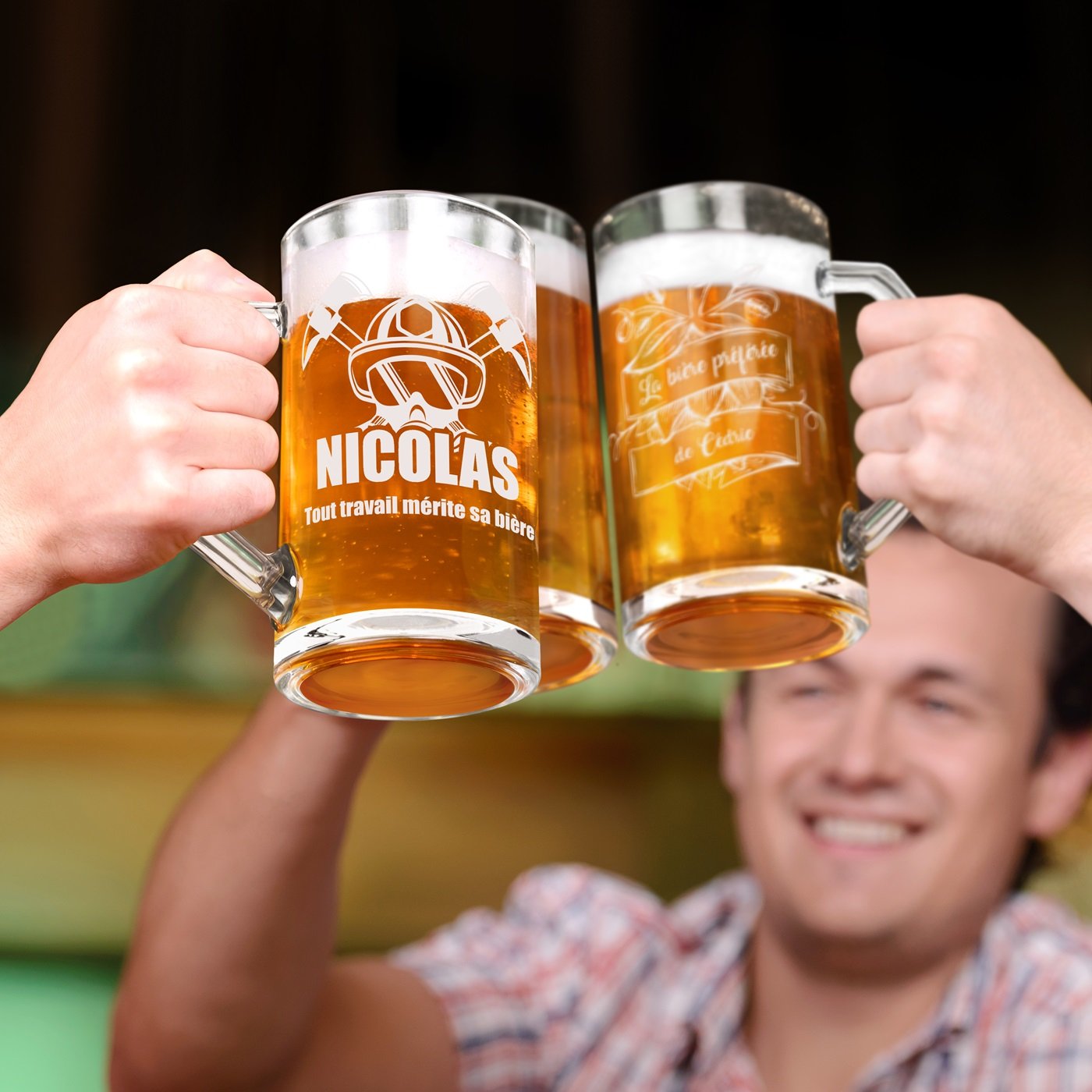 Taza de cerveza geométrica Murrano con grabado láser para bombero