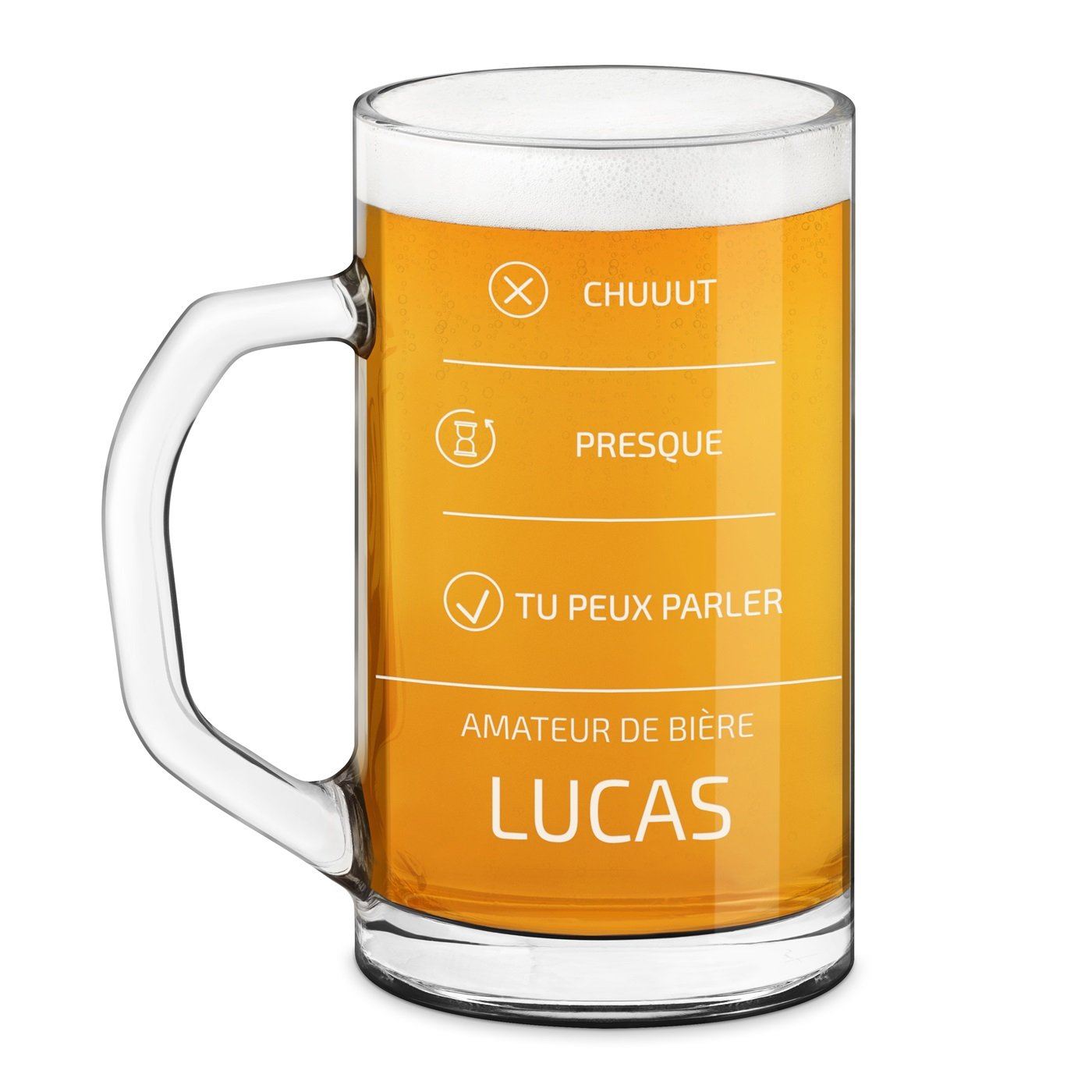 Taza de cerveza geométrica Murrano con grabados de niveles de humor