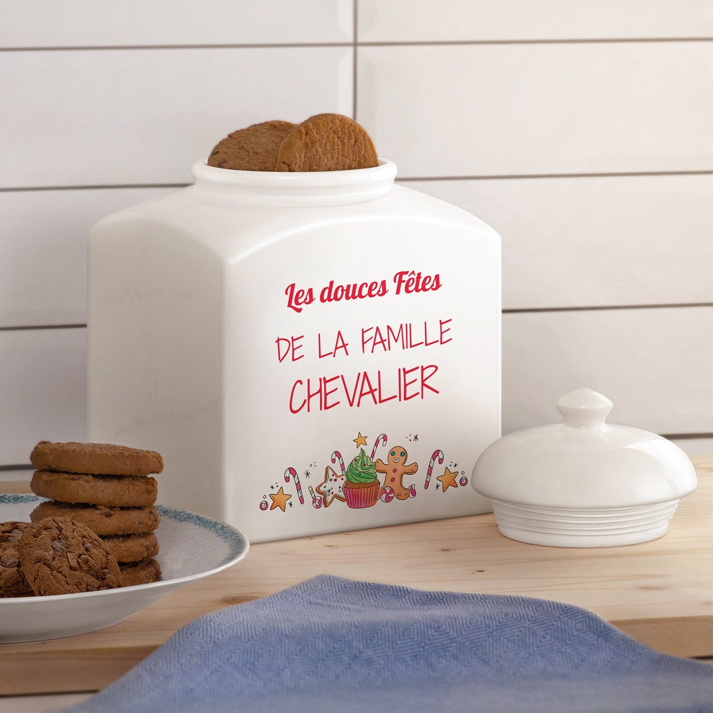 Jarra de galletas personalizada de cerámica Murrano para familias en Navidad
