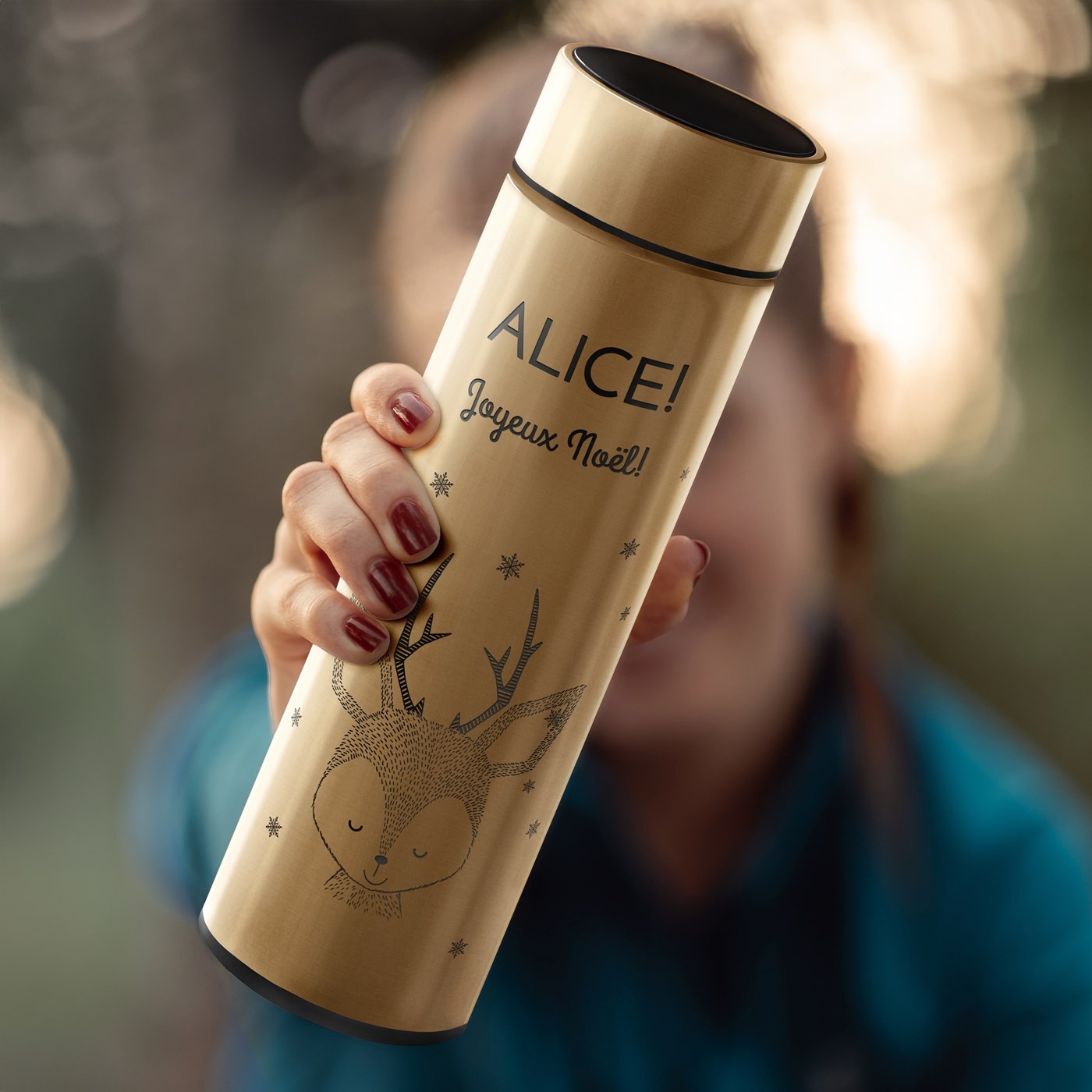 Botella Aislante Dorada Personalizada con Pantalla LED para Niñas en Navidad (Murrano)