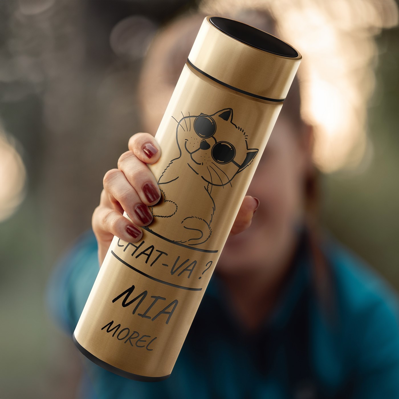 Botella térmica dorada con pantalla LED para amantes de los gatos - Murrano