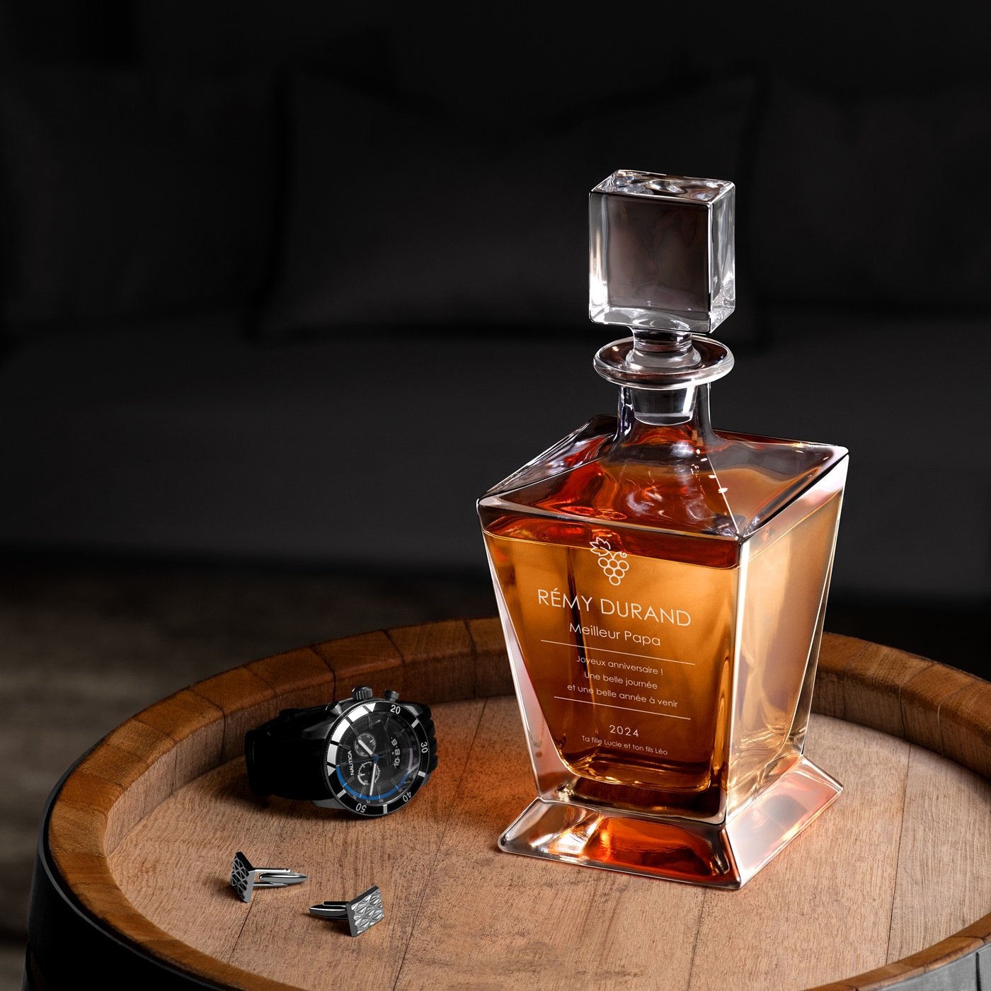 Decantador de whisky Murrano Pirámide con grabado para el aniversario del padre