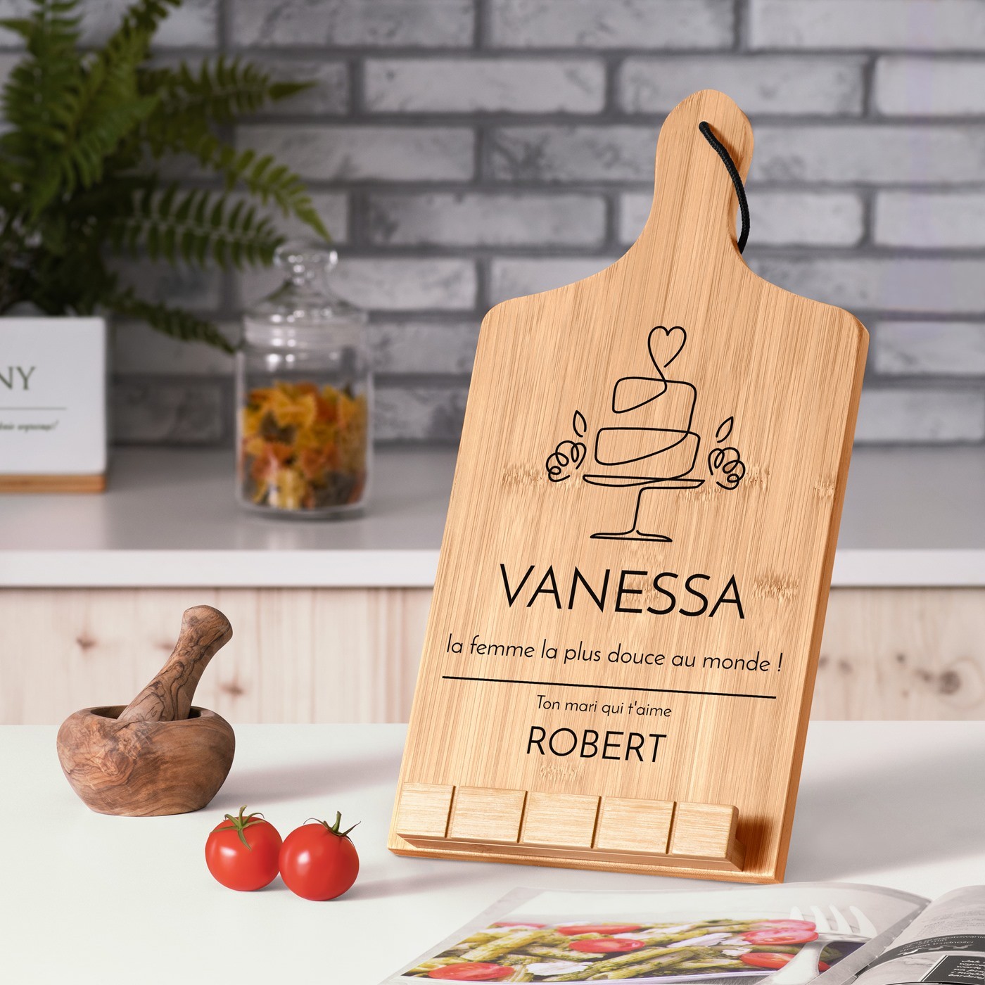 Soporte de libro en forma de tabla de cortar personalizada Murrano