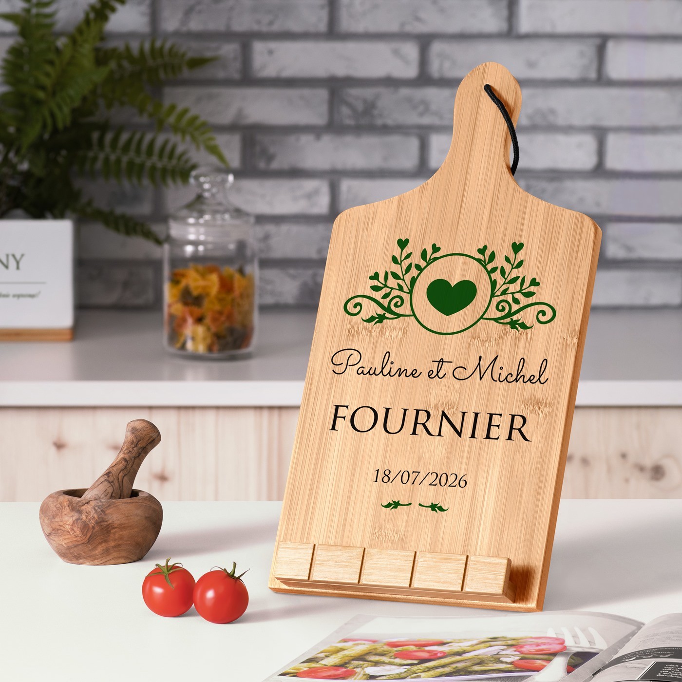 Soporte de libro en forma de tabla de cortar Murrano - Regalo personalizado para una pareja de recién casados