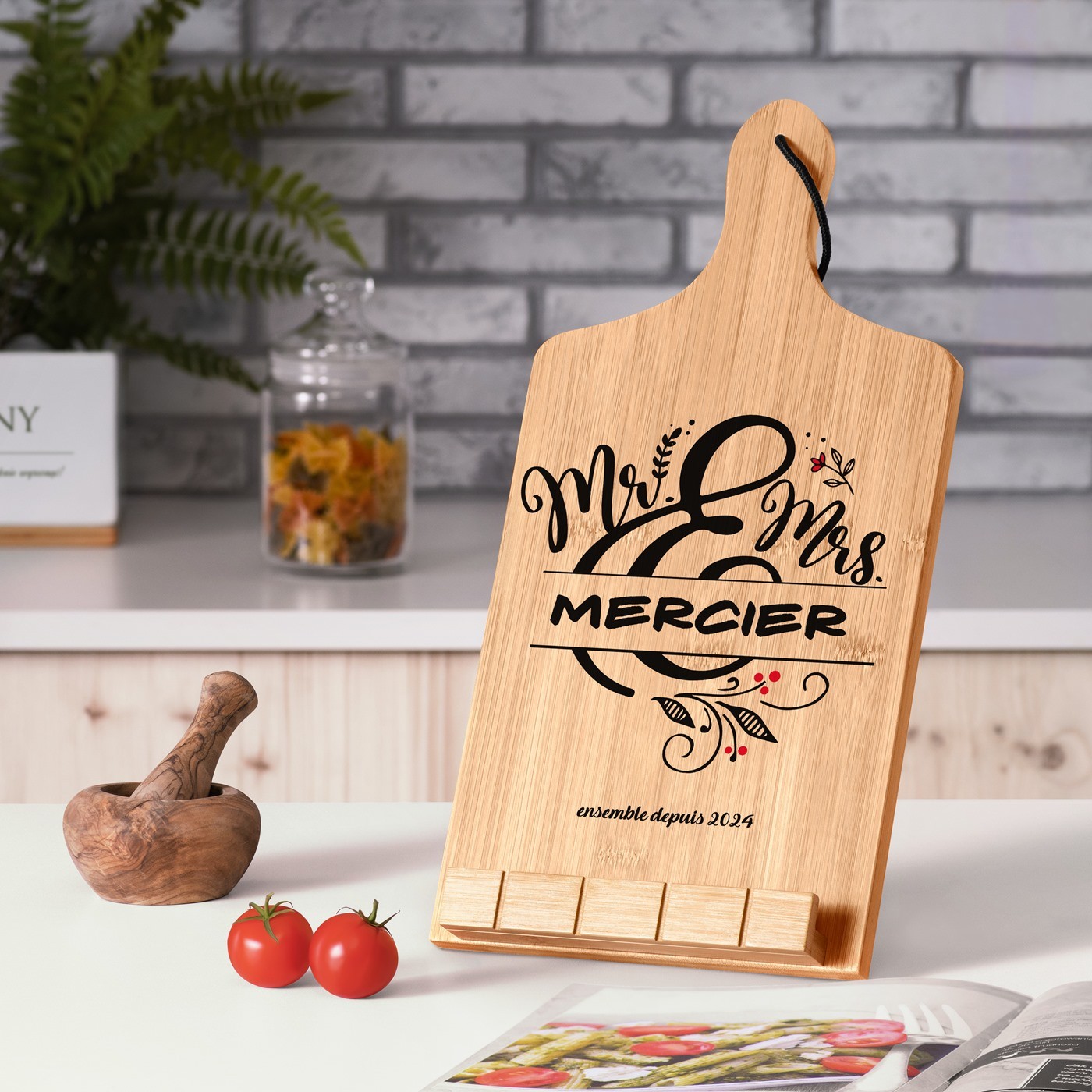 Soporte para libro en forma de tabla de cortar Murrano (Personalizado para pareja, regalo de aniversario de boda)