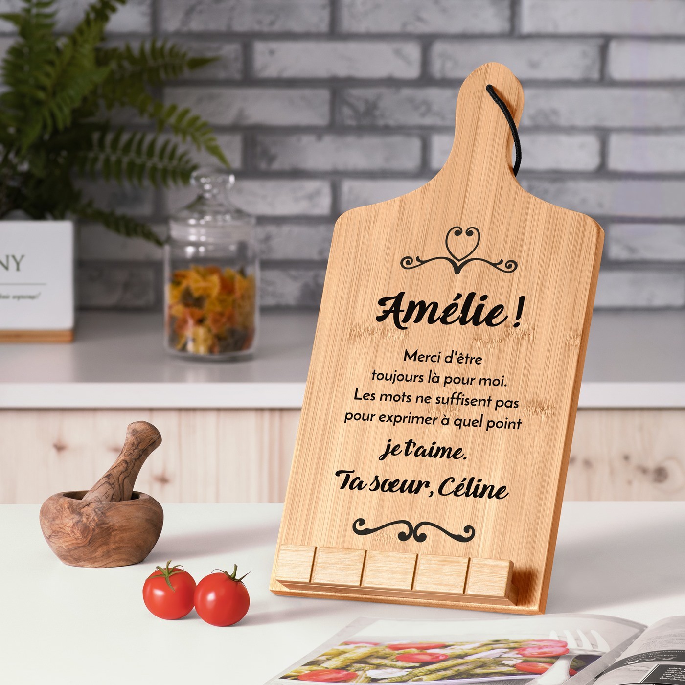 Soporte para libro en forma de tabla de cortar Murrano - Regalo personalizado para agradecer a mi hermana