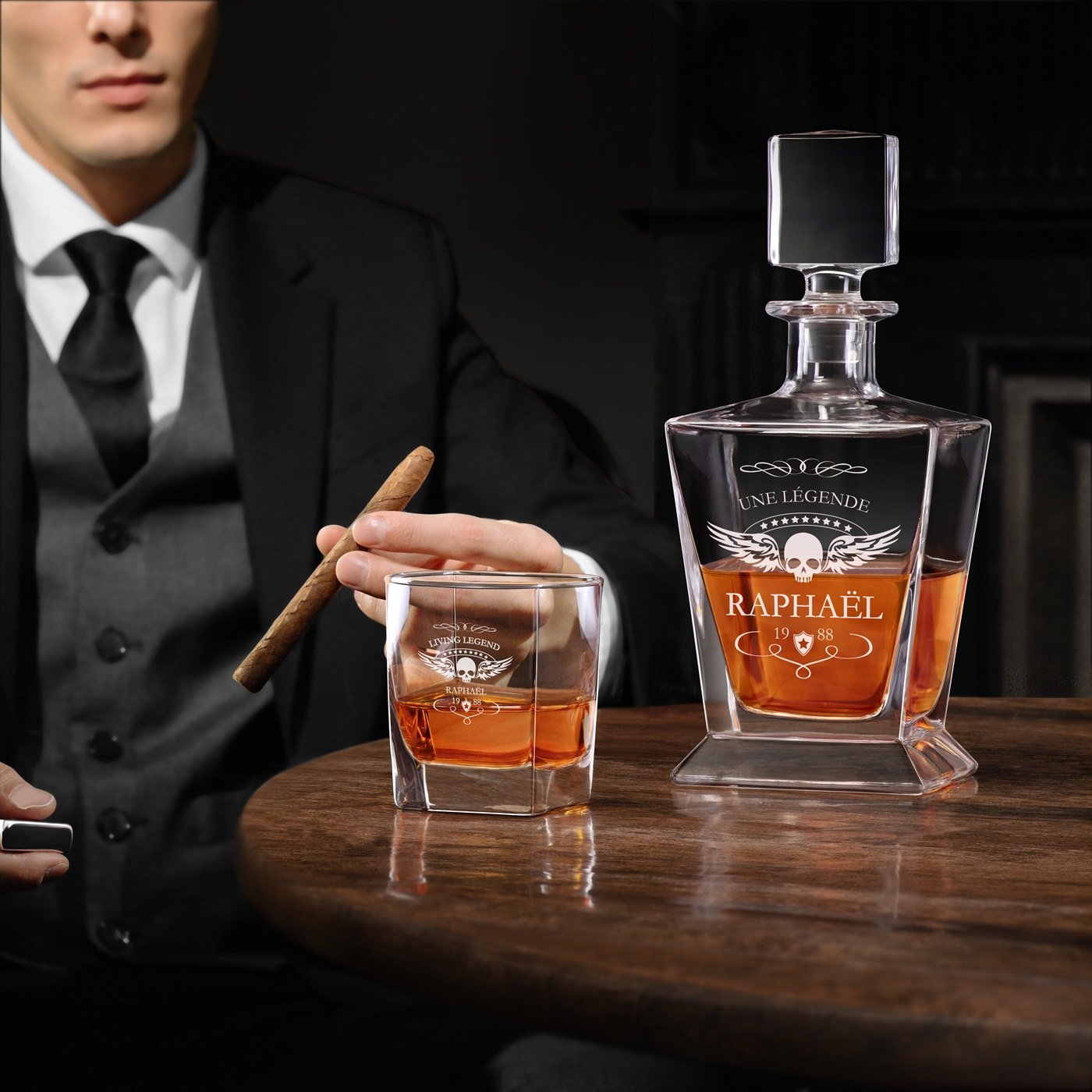 Carafe à whisky Murrano Pyramide et 2 verres gravés personnalisés pour motard