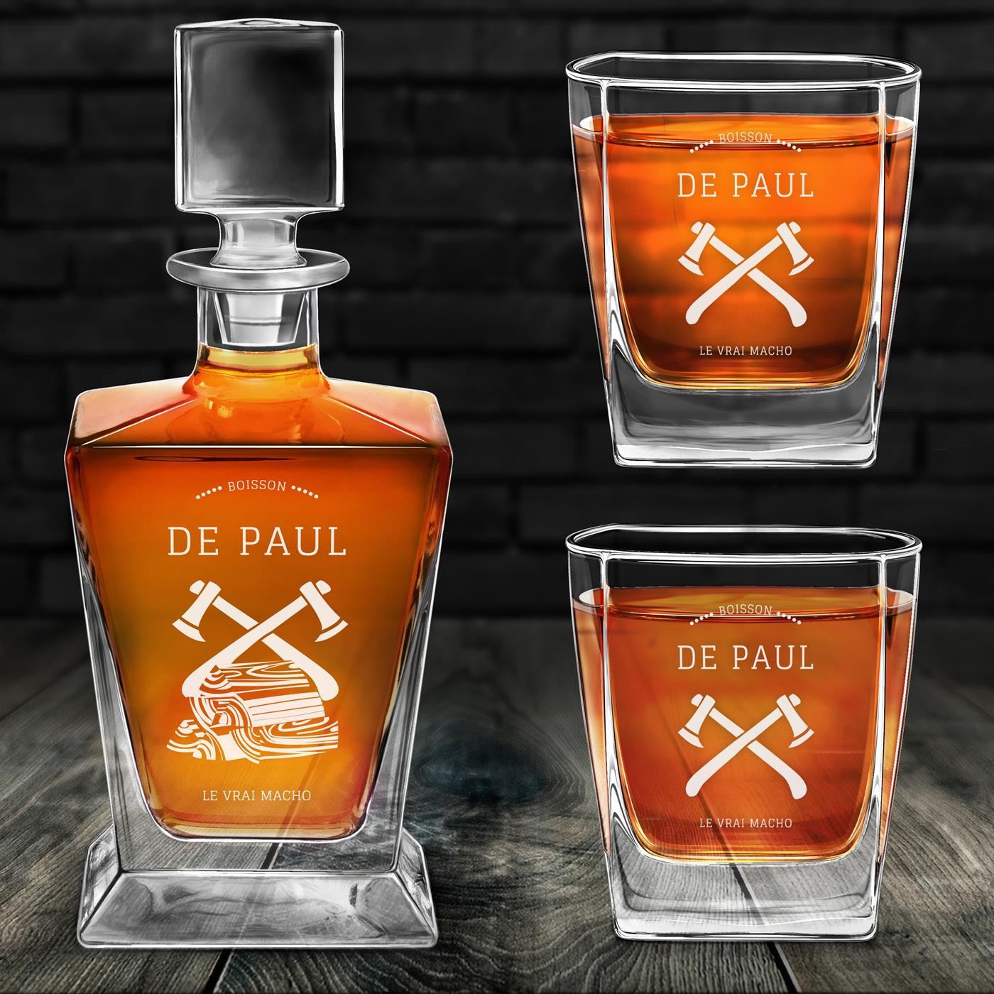 Juego de jarra y dos vasos de whisky Pirámide con grabación de Murrano para señor