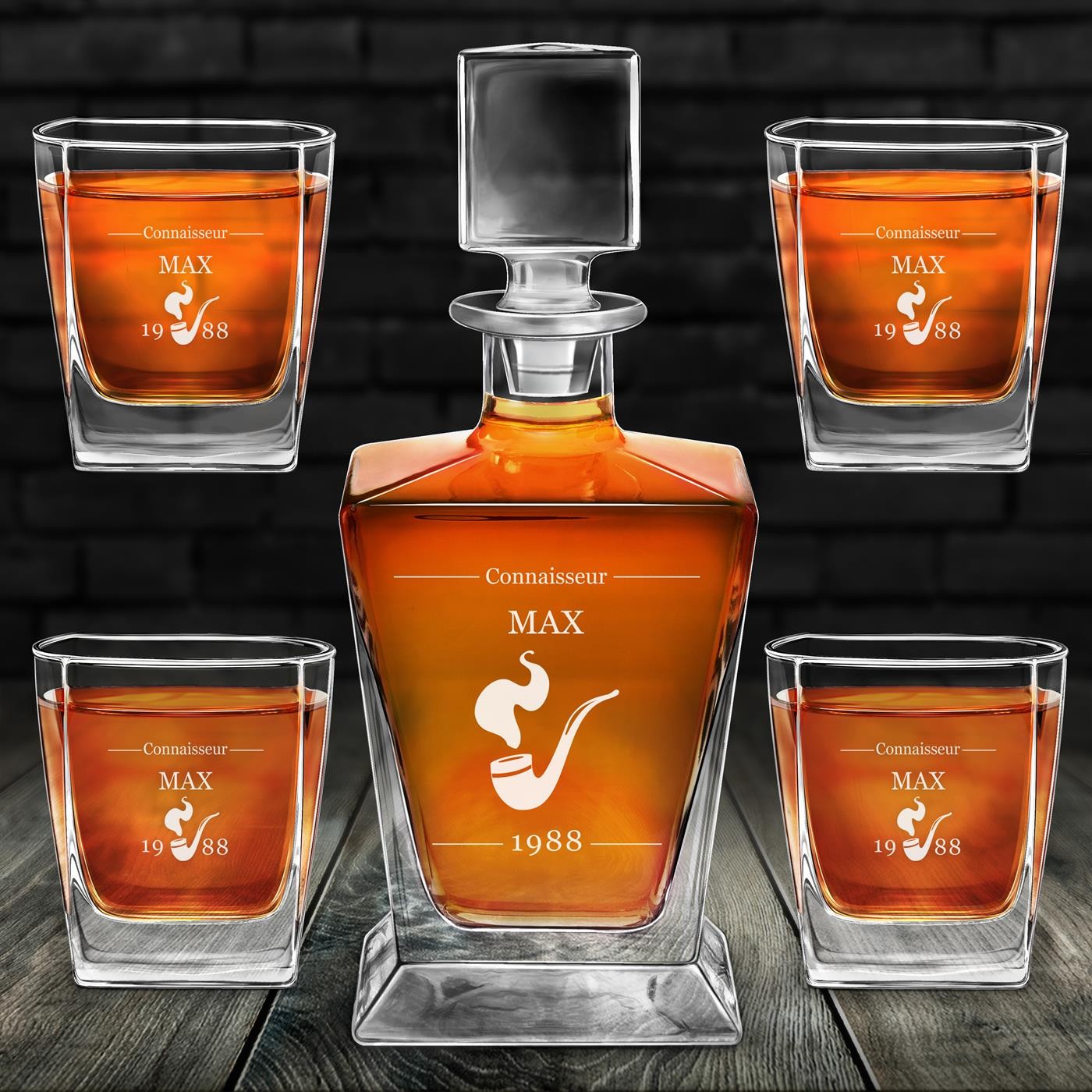 Carafe à whisky Pyramide Murrano et 4 verres gravés pour homme, cadeau d'anniversaire
