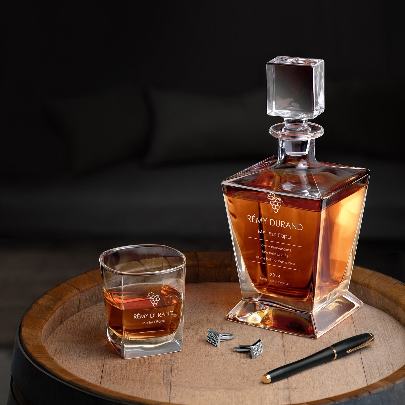 Carafe à whisky Murrano Pyramide et 4 verres avec gravure pour anniversaire papa