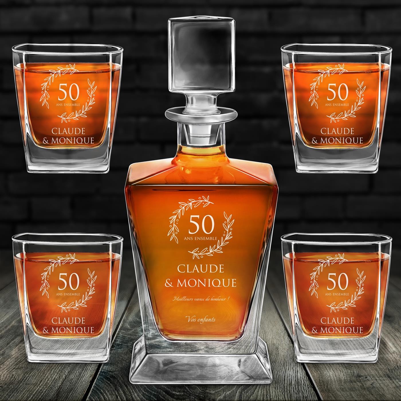 Juego de decantador y vasos de whisky Murrano con grabado para el 50º aniversario de boda
