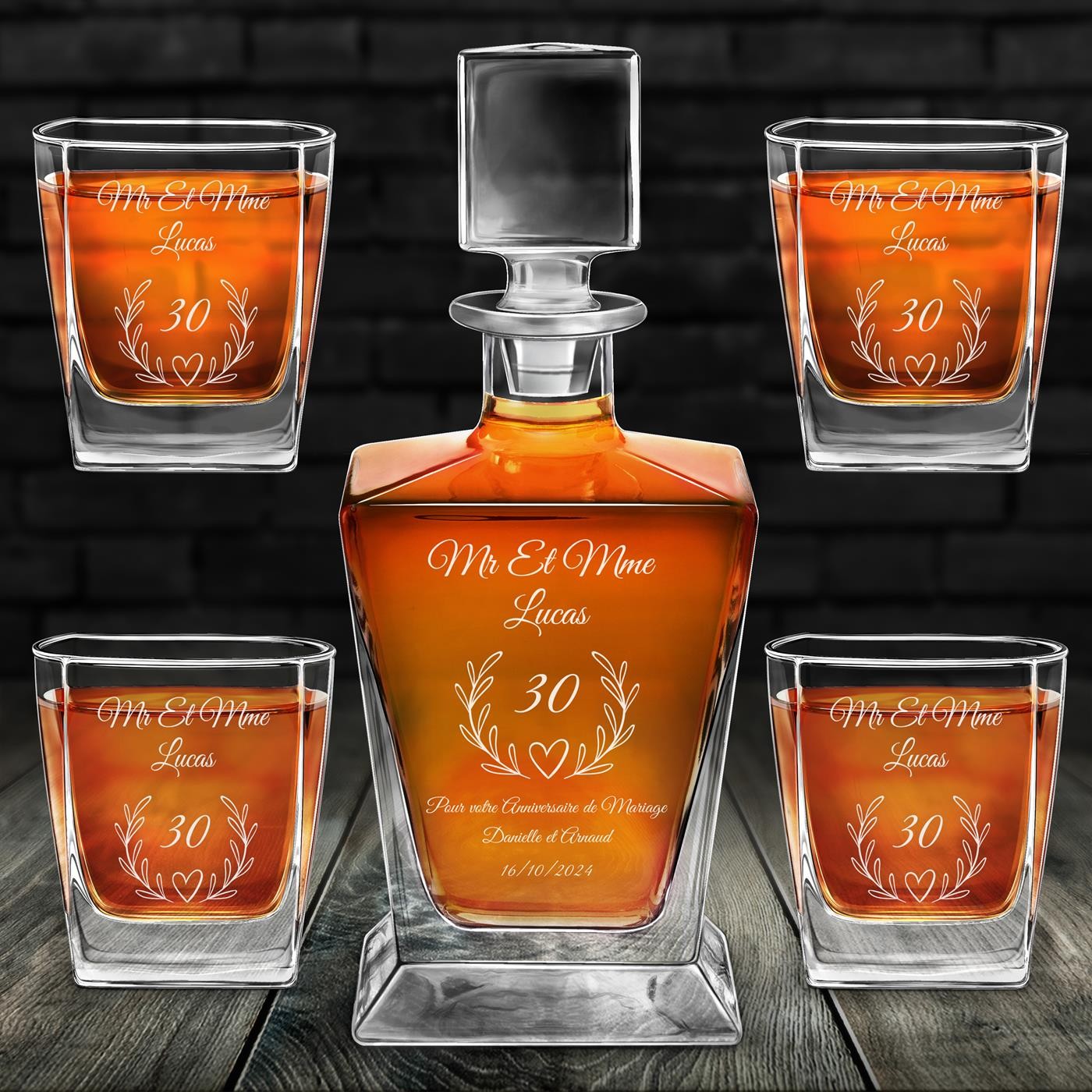Set de decantador y vasos de whisky Murrano Pirámide (Personalizado con grabado láser para 30º aniversario de boda)