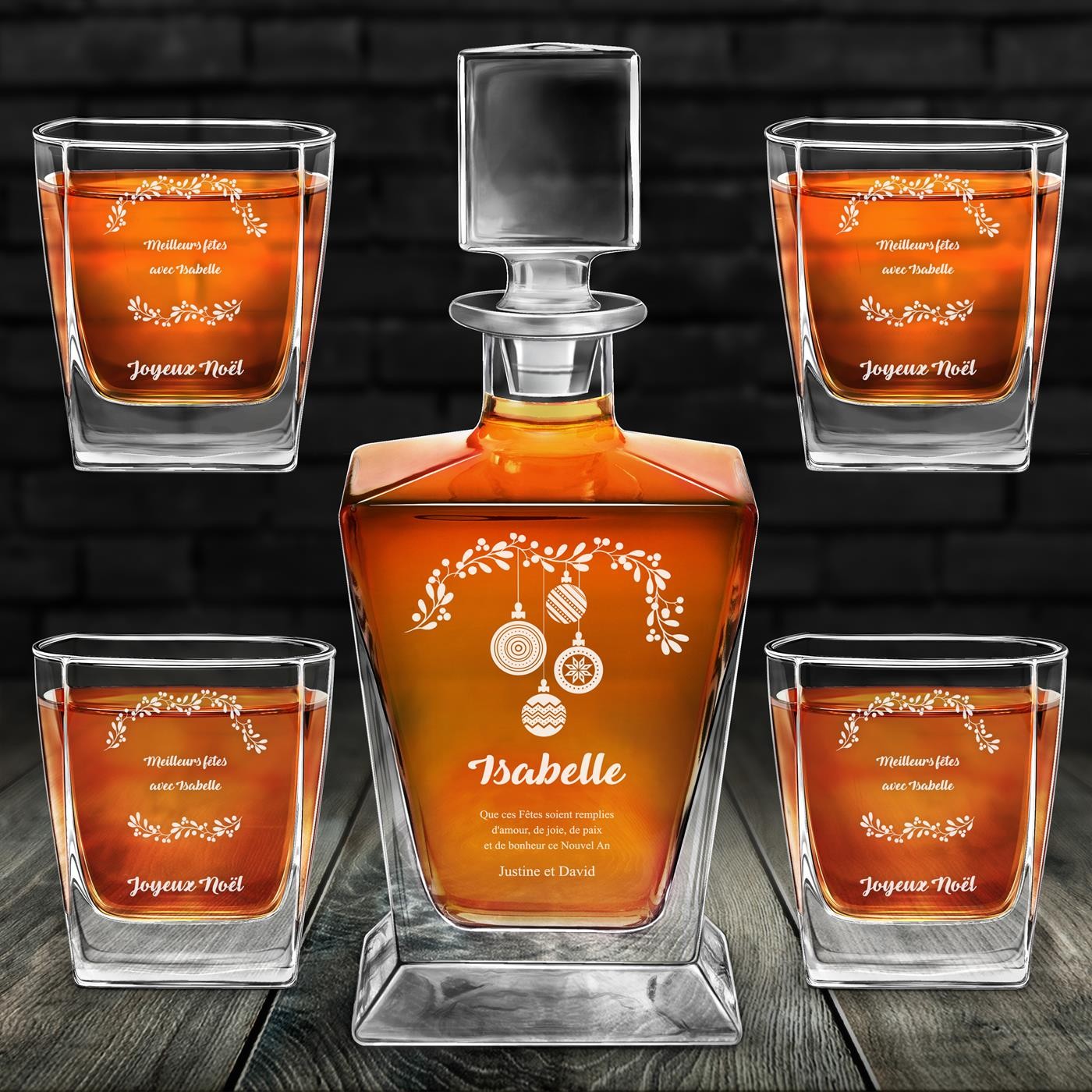 Conjunto de cáfara de whisky Murrano Pirámide y 4 vasos con grabado para mujer