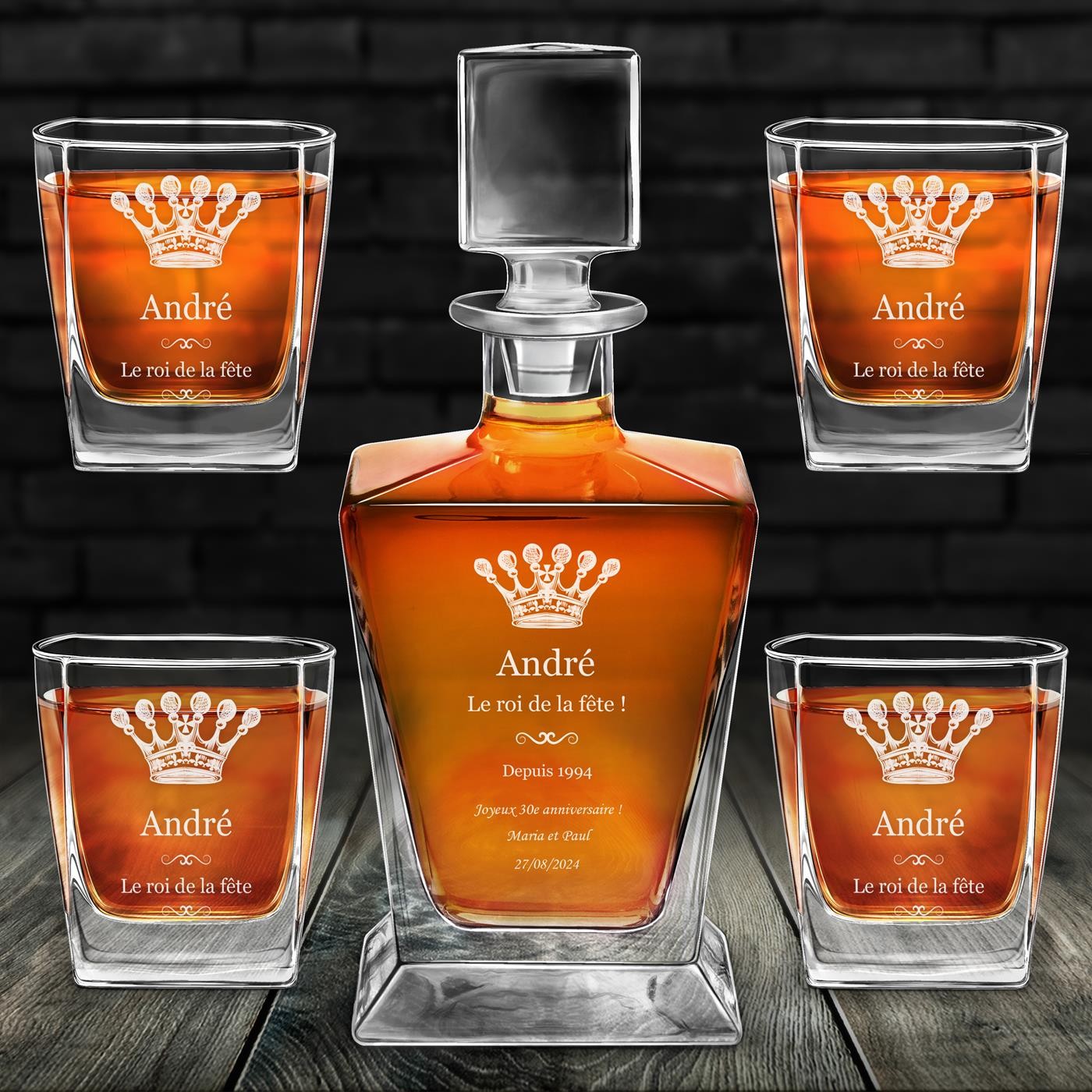 Set de decantador de whisky Murrano Pirámide y vasos con grabado para hombre por su 30º cumpleaños