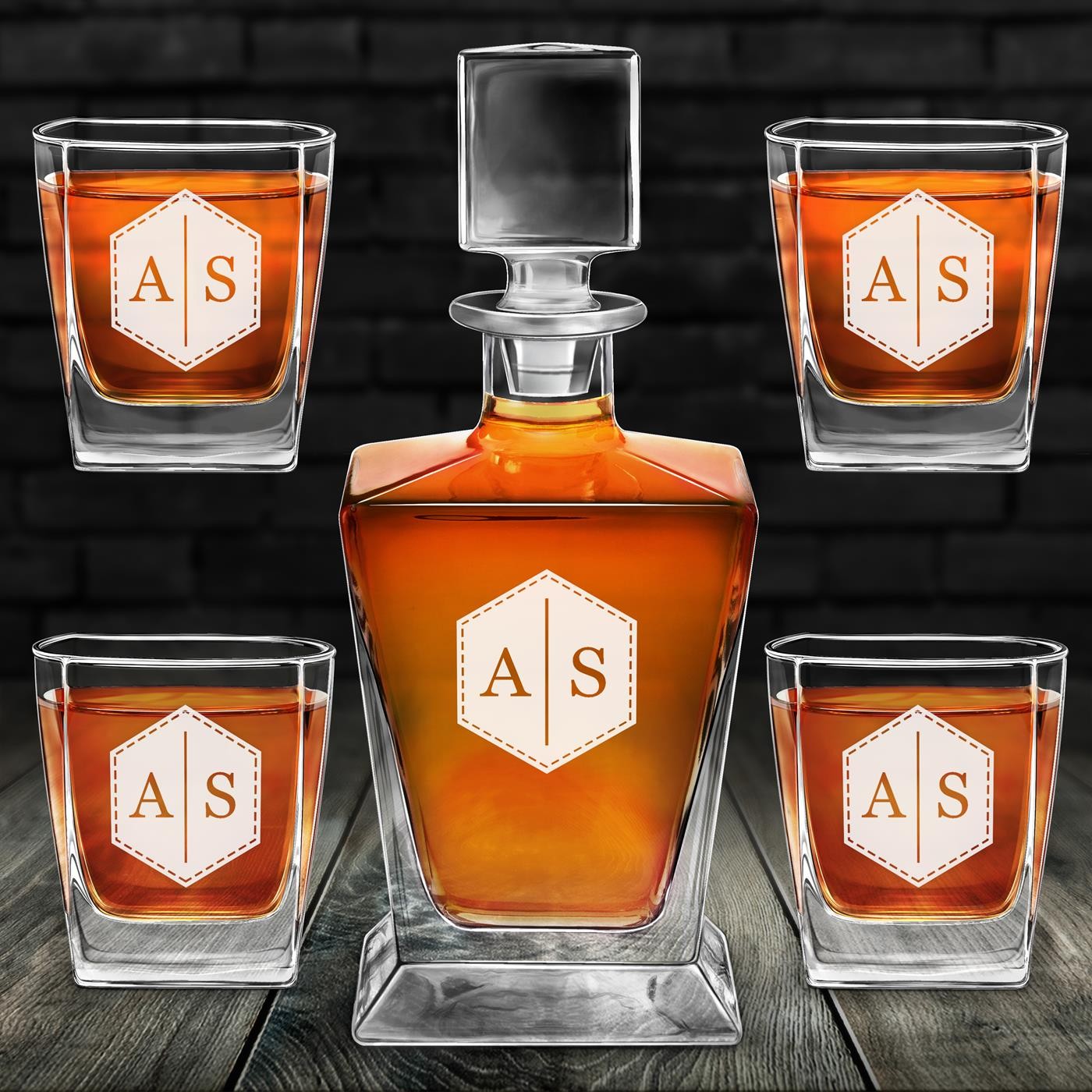 Juego de jarra de whisky Murrano y 4 vasos con grabado para pareja con iniciales