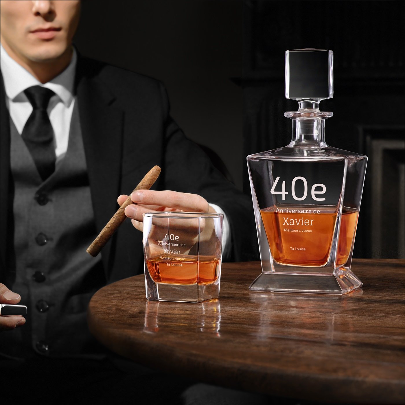 Conjunto de decantador de whisky Murrano y vasos con grabado personalizado para hombre - Cumpleaños número 40