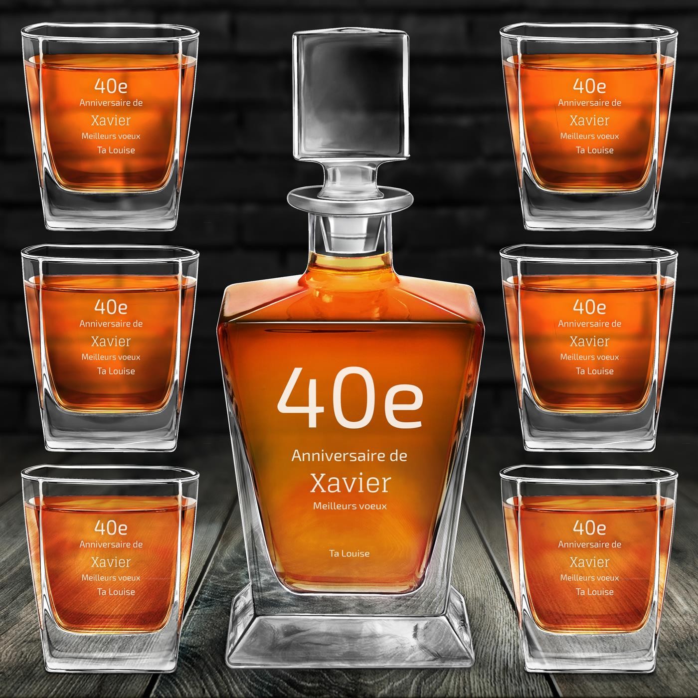 Conjunto de decantador de whisky Murrano y vasos con grabado personalizado para hombre - Cumpleaños número 40