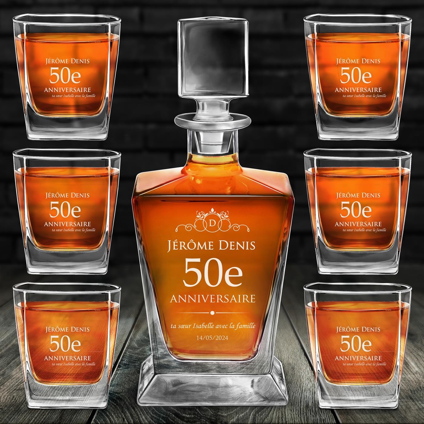 Conjunto de decantador y vasos de whisky Pirámide con grabado para hombre por su 50º cumpleaños