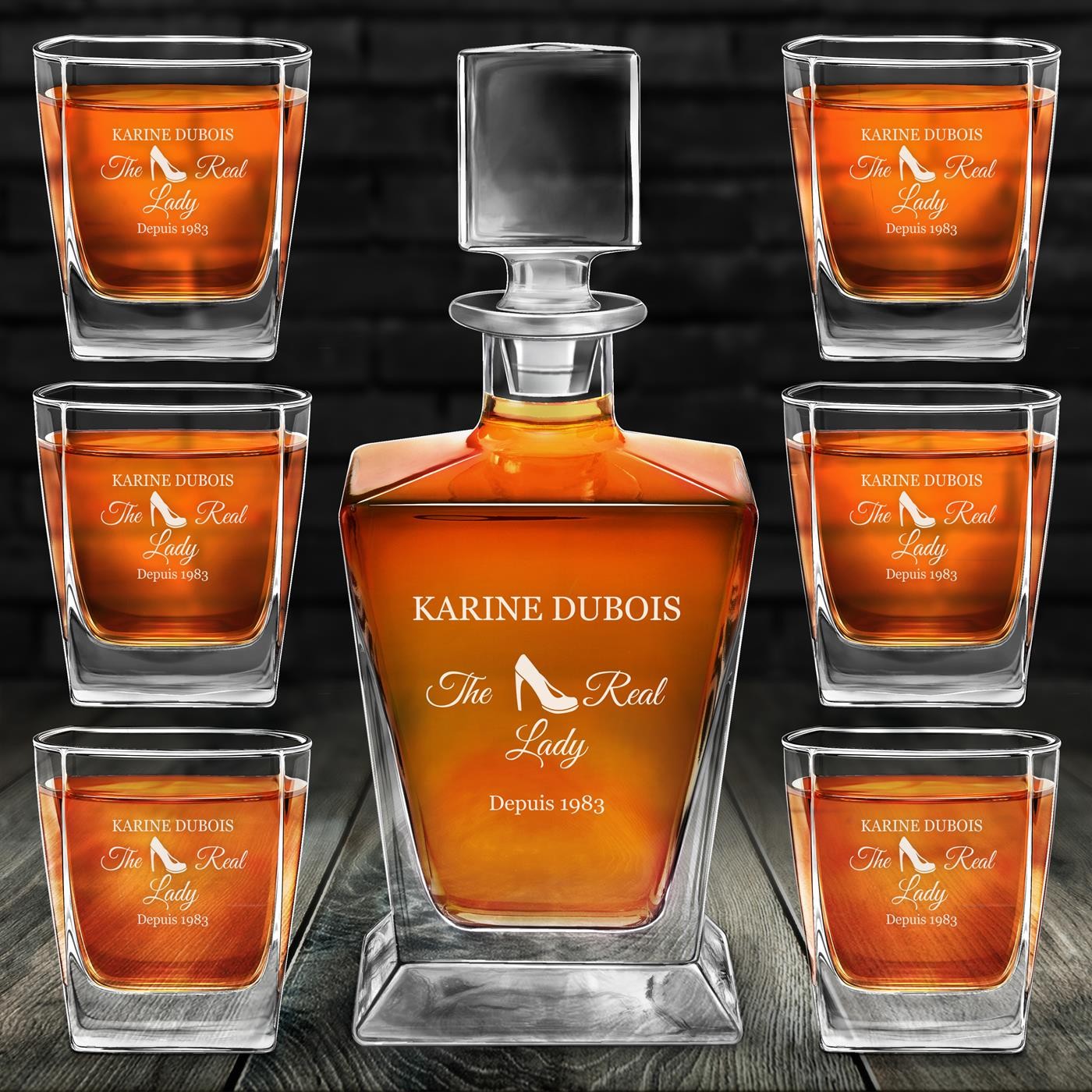 Conjunto de cáfara y vasos de whisky Murrano Pirámide con grabado personalizado para el cumpleaños de la mejor amiga