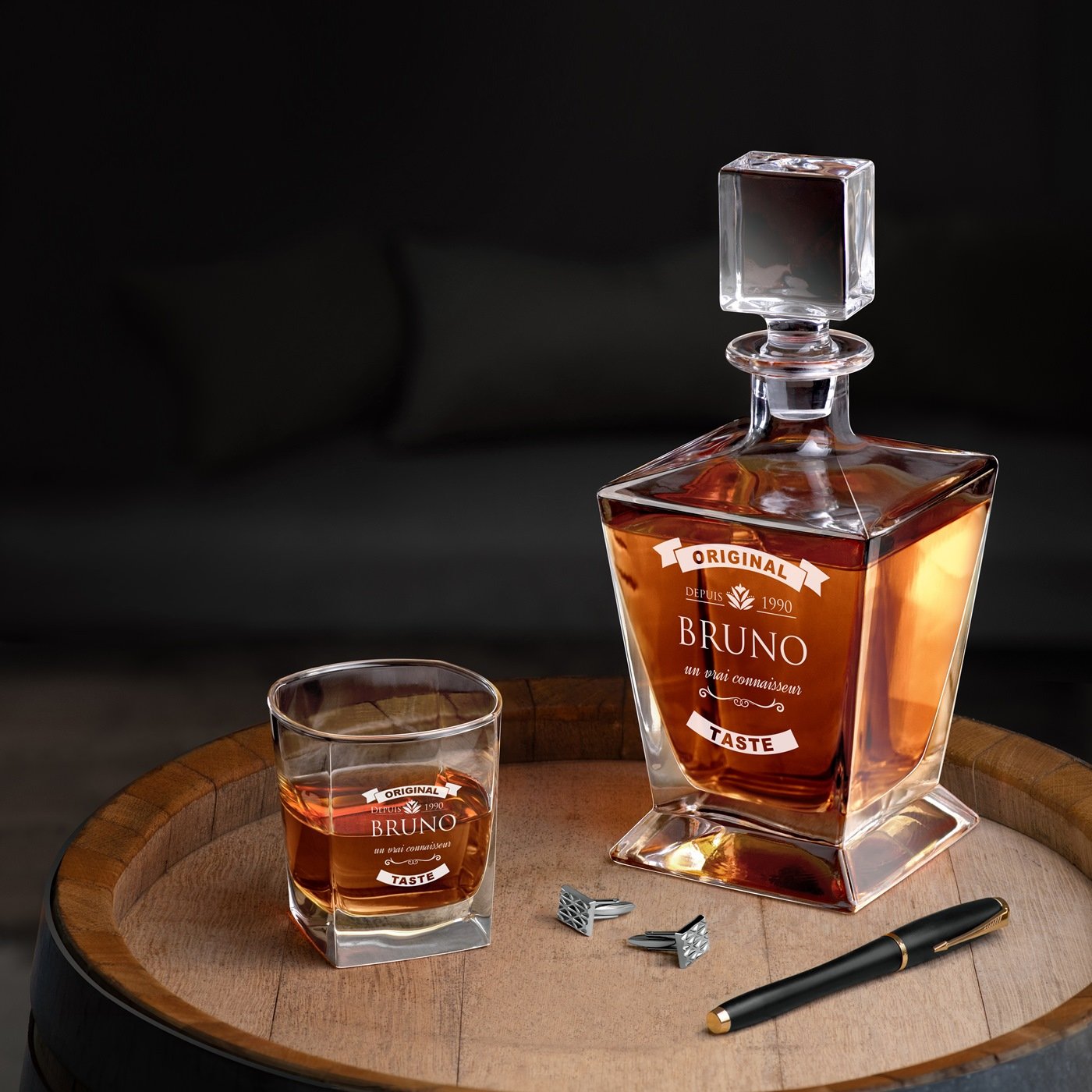Decantador de whisky Pirámide Murrano y 6 vasos personalizados para conocedores