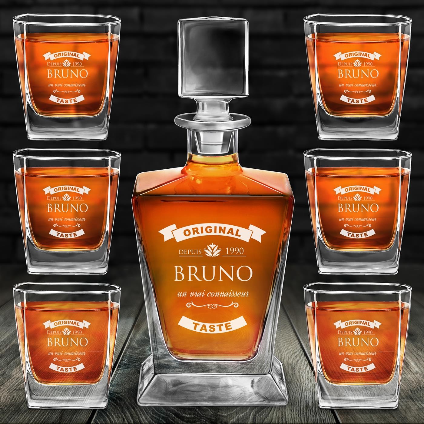 Decantador de whisky Pirámide Murrano y 6 vasos personalizados para conocedores