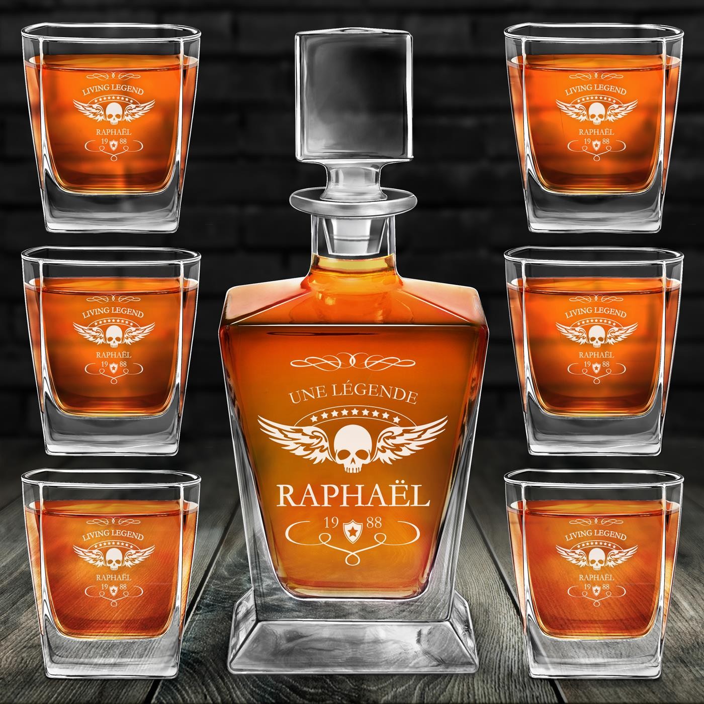 Decantador de whisky Murrano Pirámide y 6 vasos con grabado personalizado para motociclistas