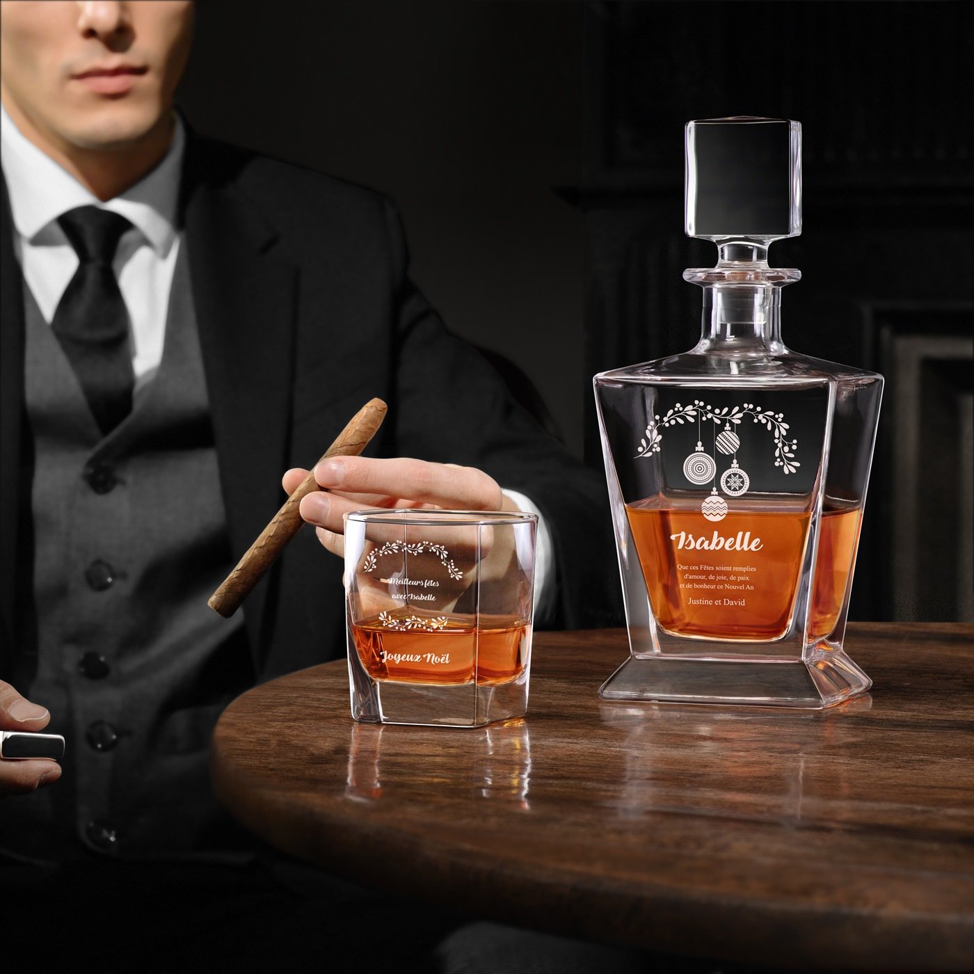 Decantador de whisky Murrano Pirámide y 6 vasos con grabado para mujer