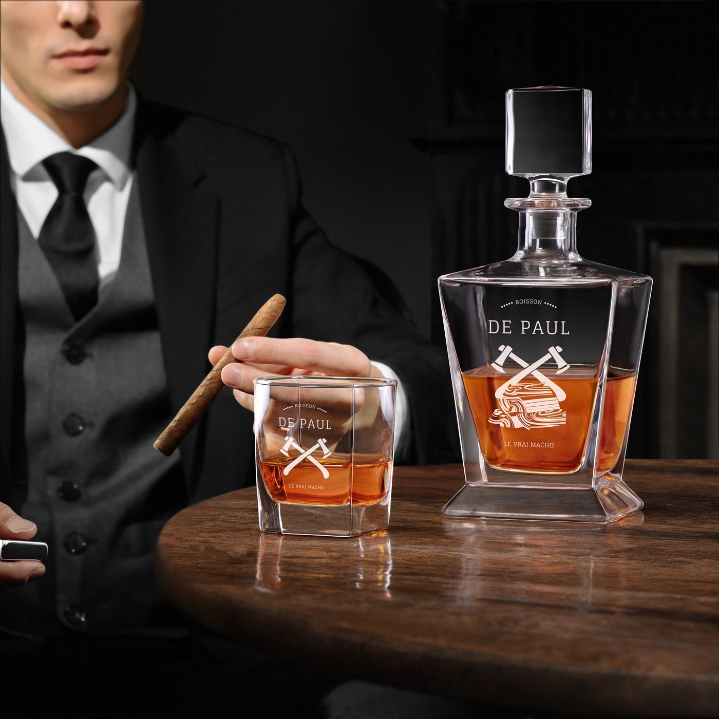 Decantador de whisky Pirámide Murrano y 6 vasos con grabación